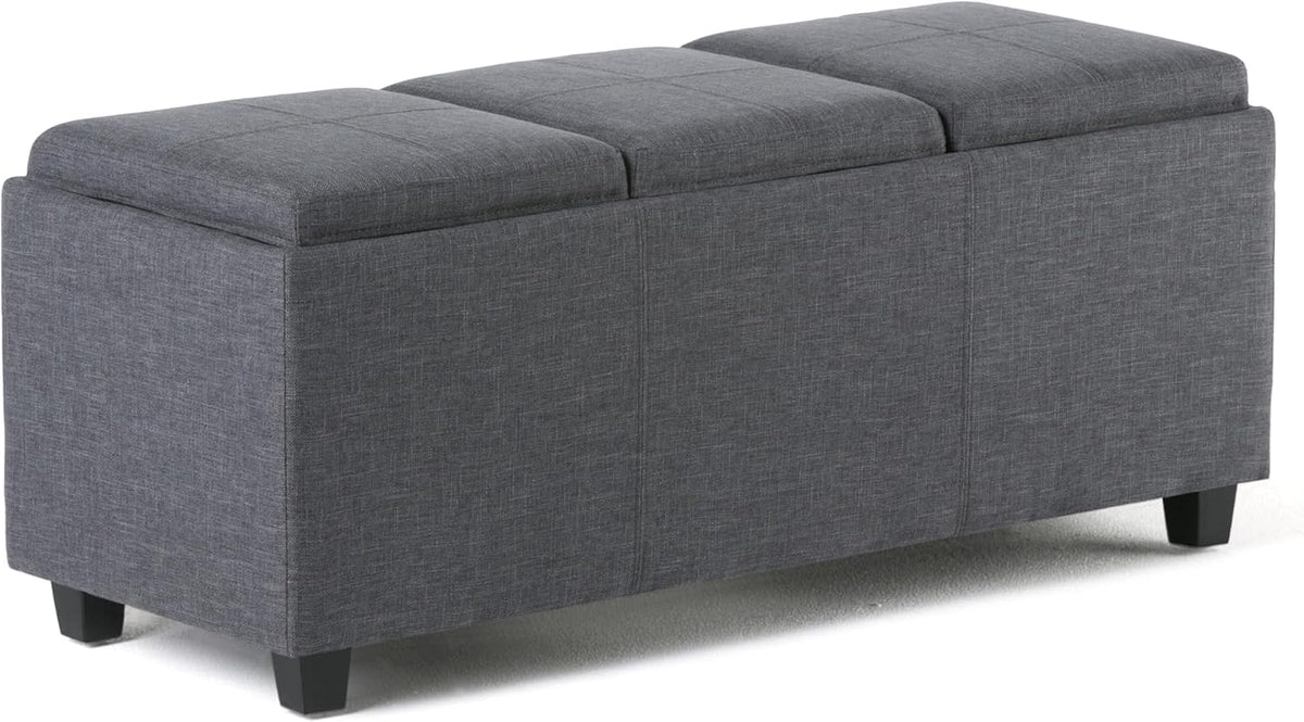 SIMPLIHOME Avalon 42 Inch Wide Contemporary Rectangle Storage Ottoman in Slate Grey Linen Look