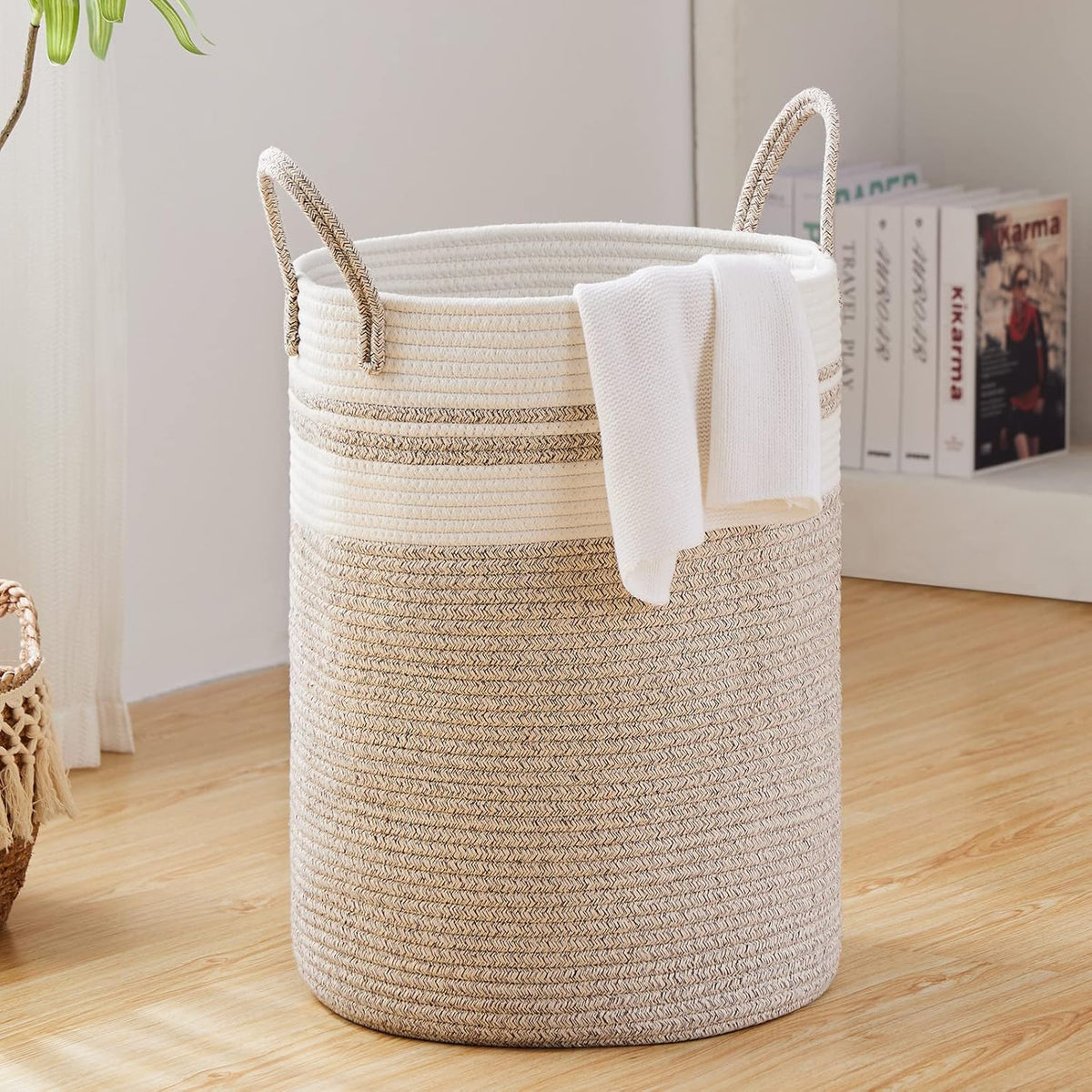 Large Laundry Hamper, Tall Woven Storage Basket for Blankets, Cotton Baby Nursery Hamper, Toys and