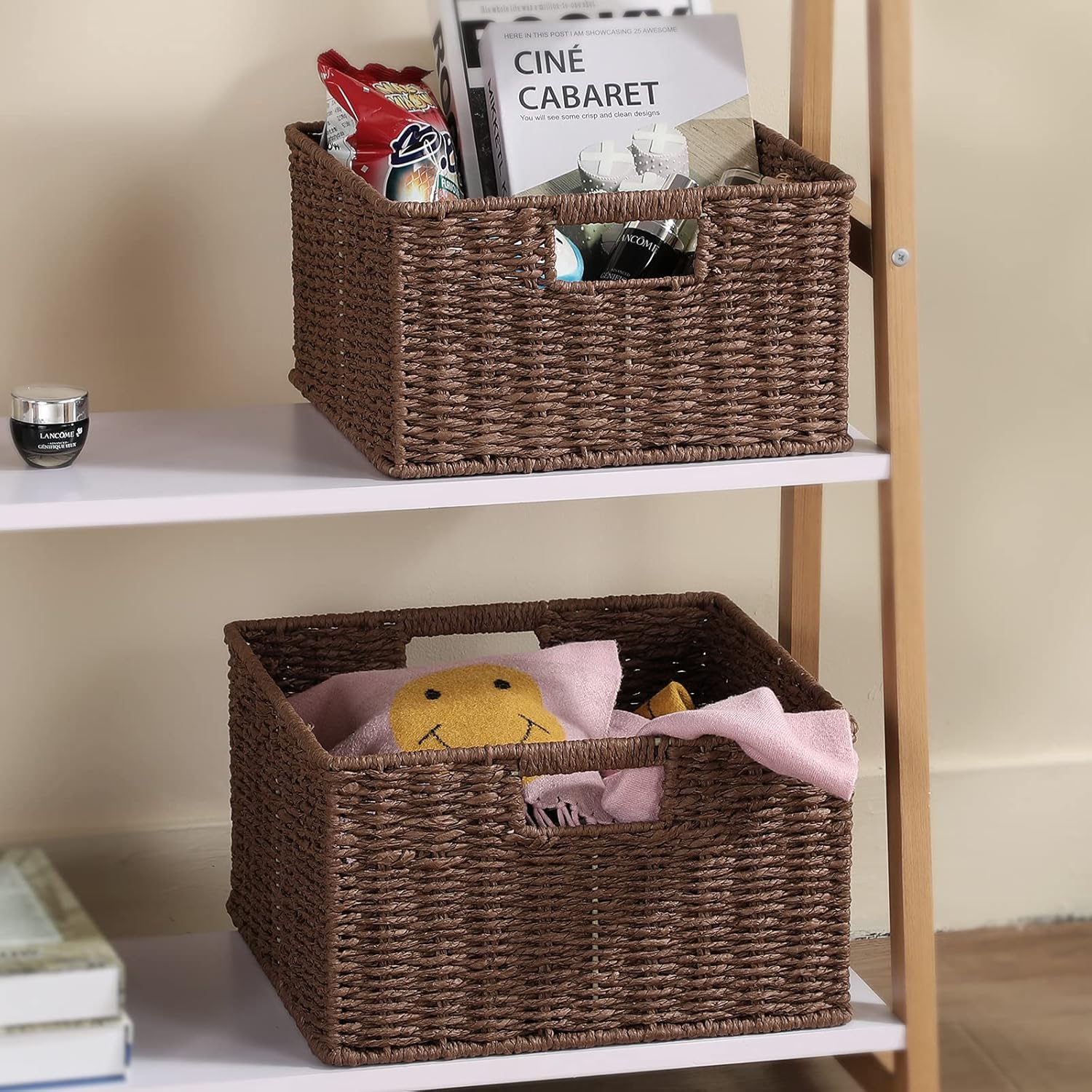 HOONEX Storage Baskets for Organizing, Decorative Round Paper Rope Woven Baskets for Storage with
