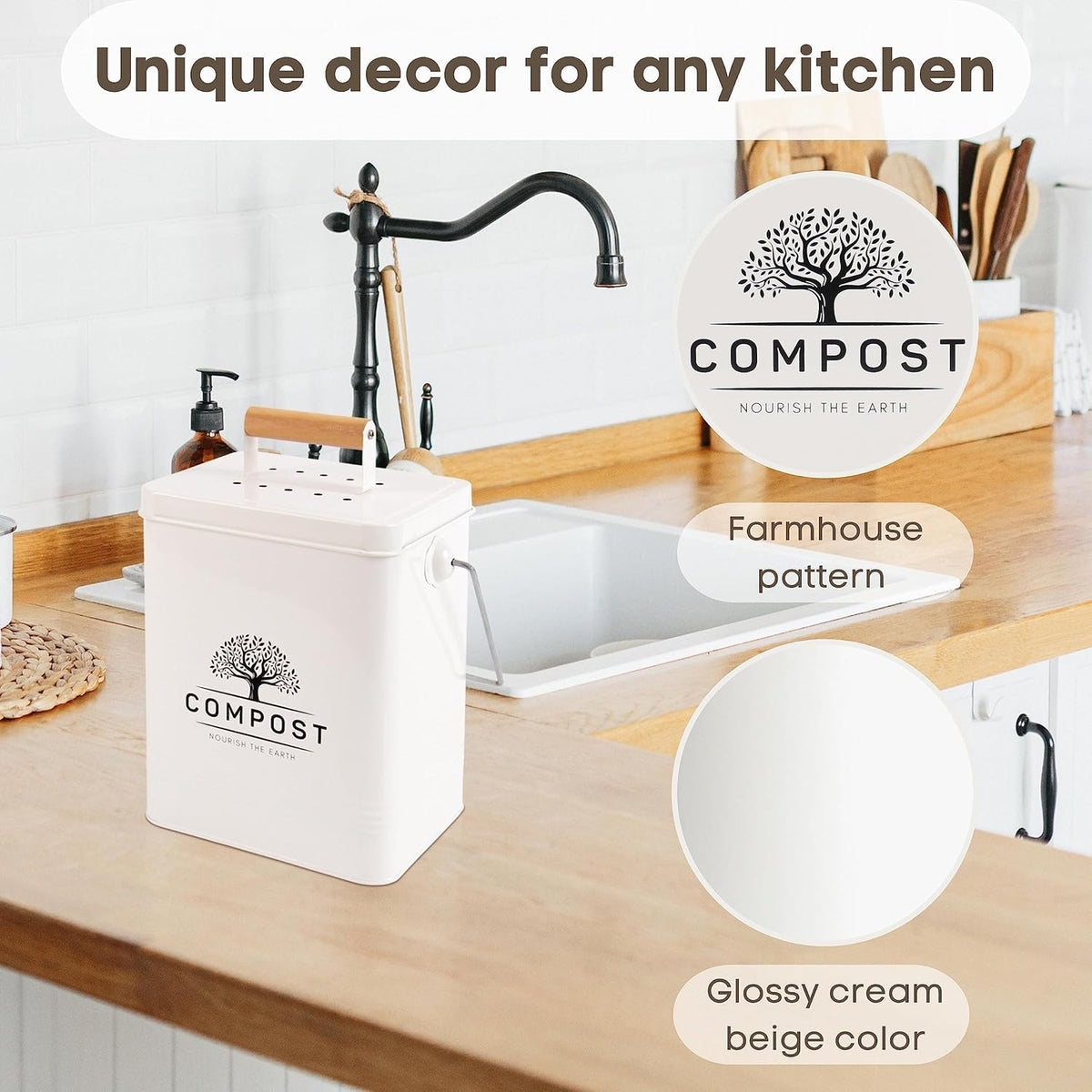 PERFNIQUE Kitchen Compost Bin, 1.7 Gallon Countertop Compost Bin with Lid, Indoor Compost Bin