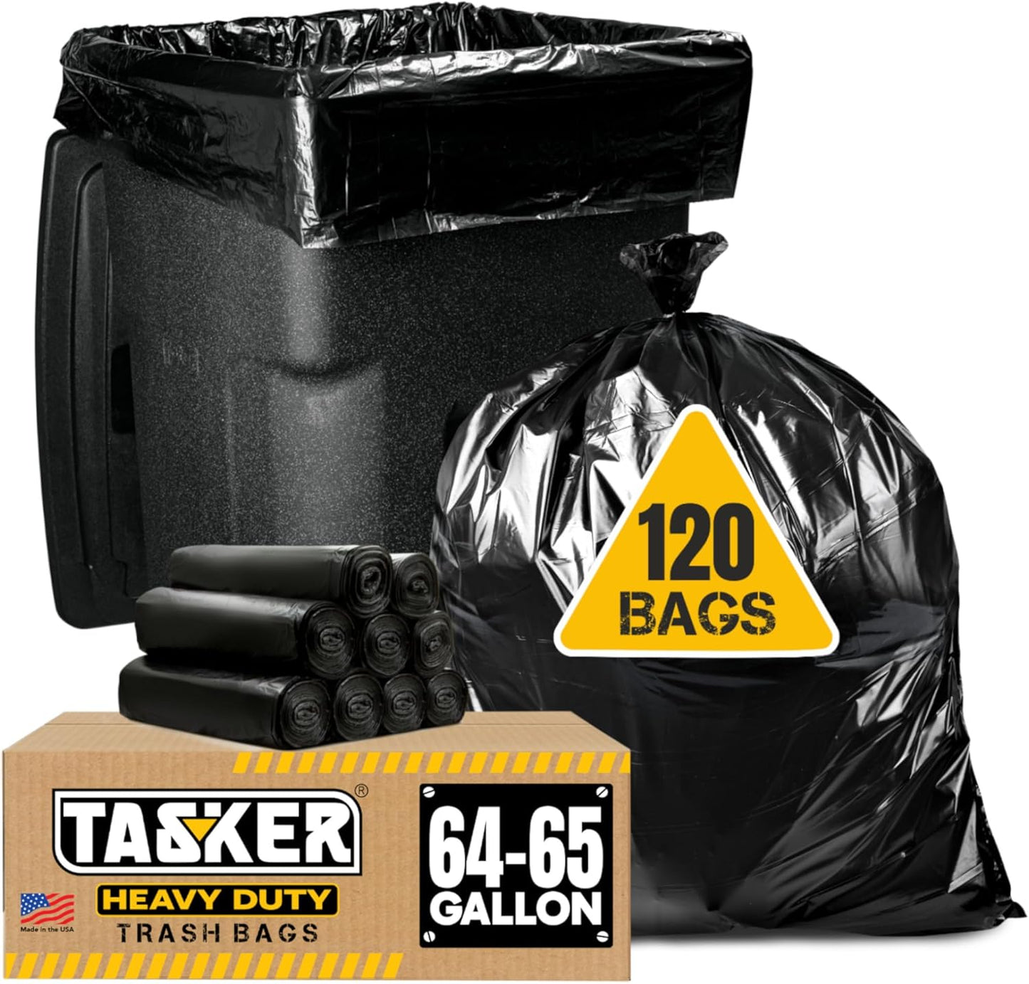 Tasker 65 Gallon Trash Bags Heavy Duty | 120 Count | Extra Large 64 Gallon Trash Bags for Toter |