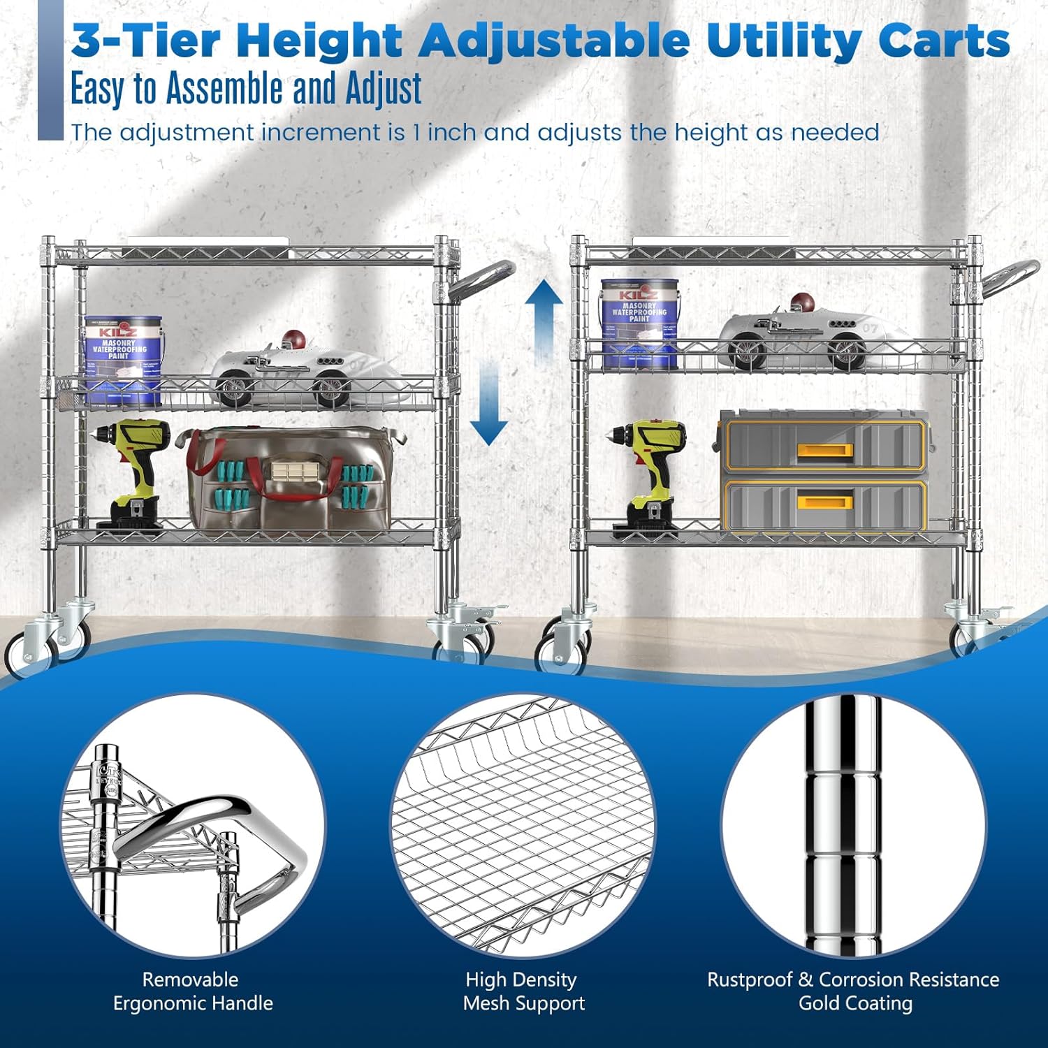 Leteuke Heavy Duty 3 Tier Rolling Utility Cart,NSF Certified 990Lbs Capacity Rolling Carts with