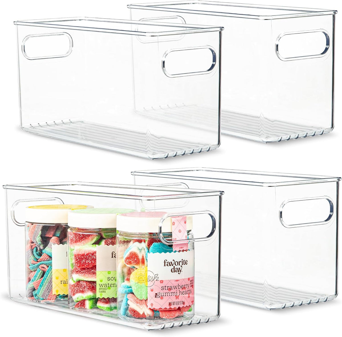 Plastic Food Storage 4 Pack Clear Container Bin with Handles for Organizing Kitchen, Pantry