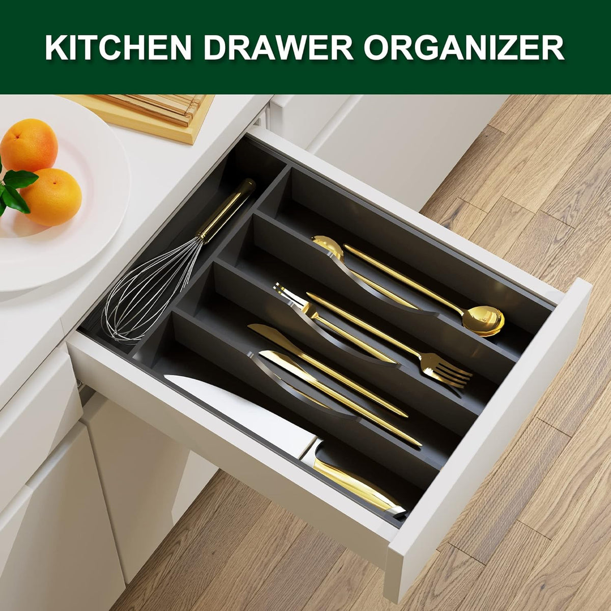 Bellsal Black Utensil Organizer 10 Inch Silverware Tray for Utensil Holder Cutlery Organizer