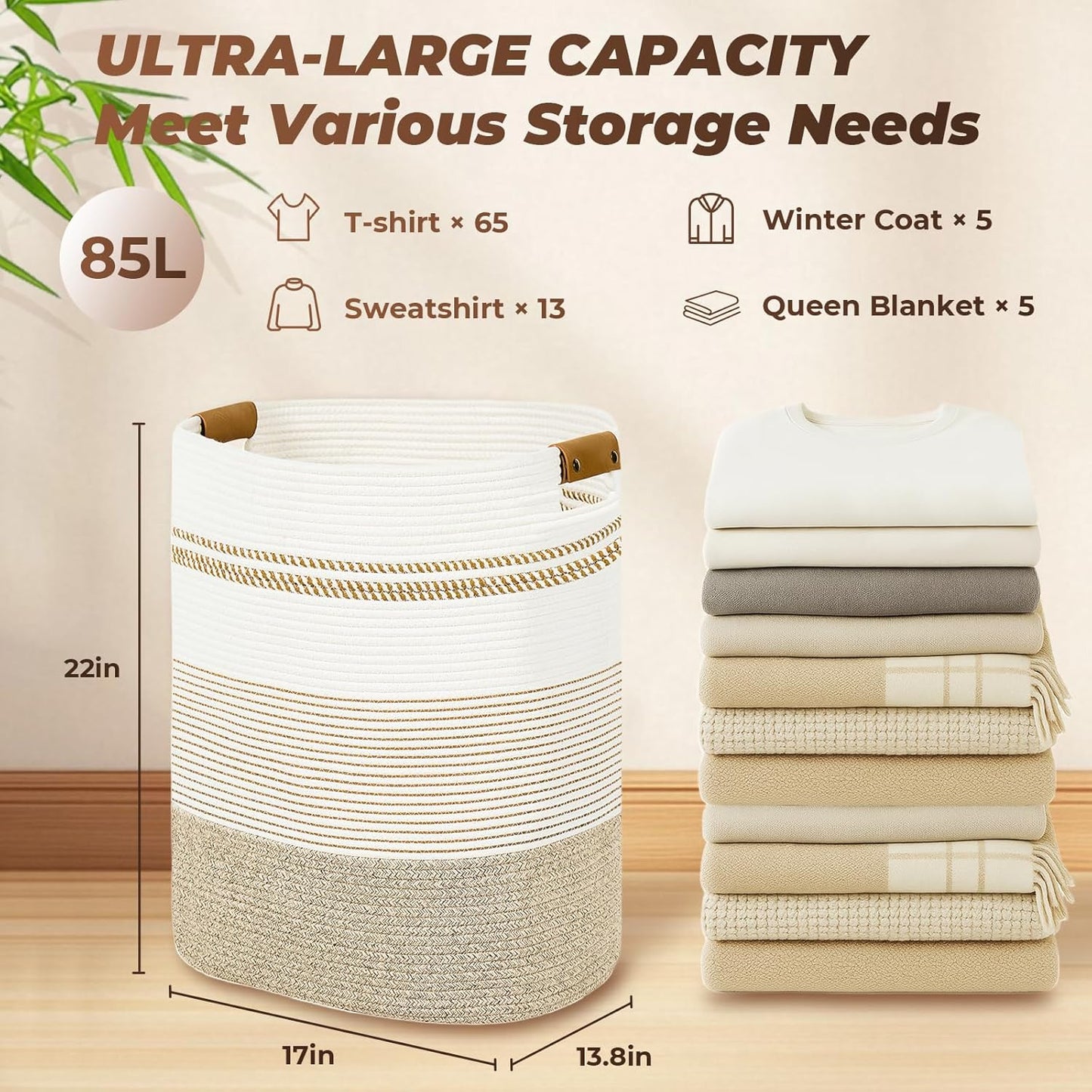 Laundry Basket with Handles - Blanket Basket & Hampers for Bedroom Aesthetic, Laundry Hamper &