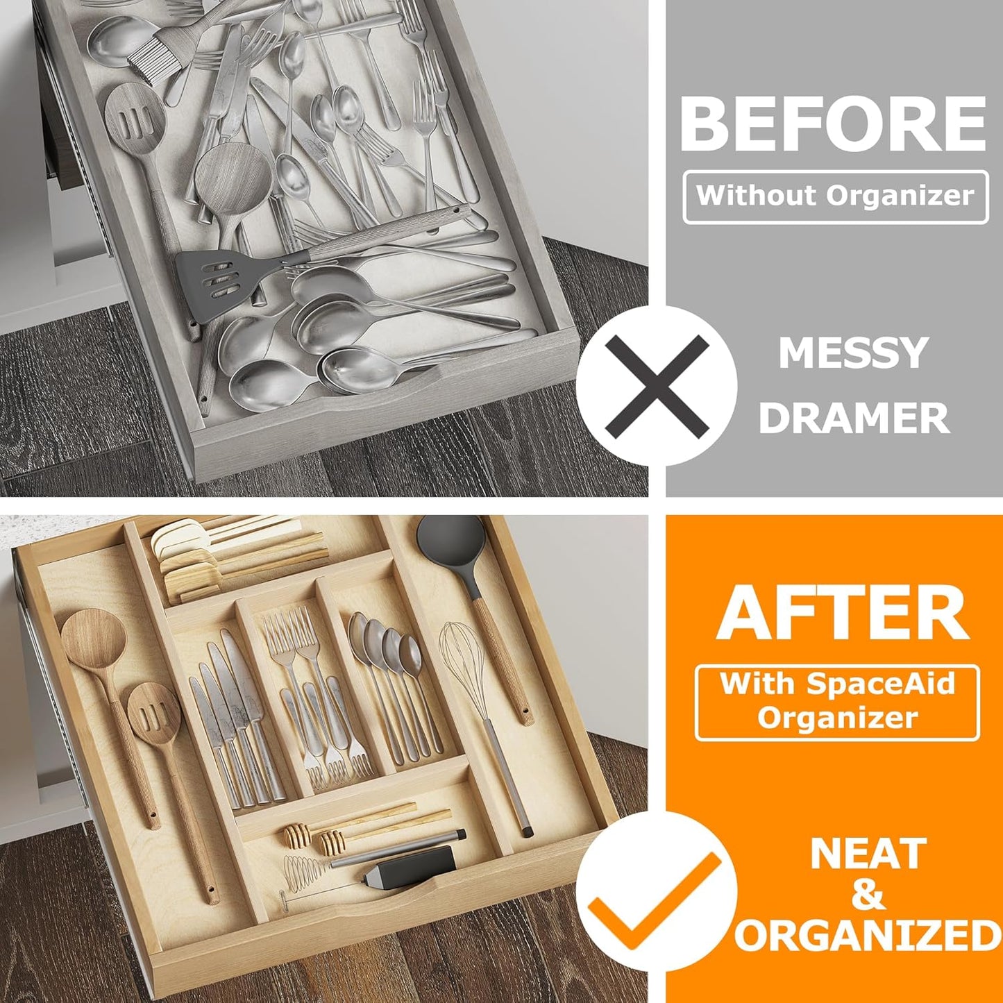 WelFurGeer Premium Wooden Silverware Organizer for Kitchen Drawers, Utensil Tray for Kitchen