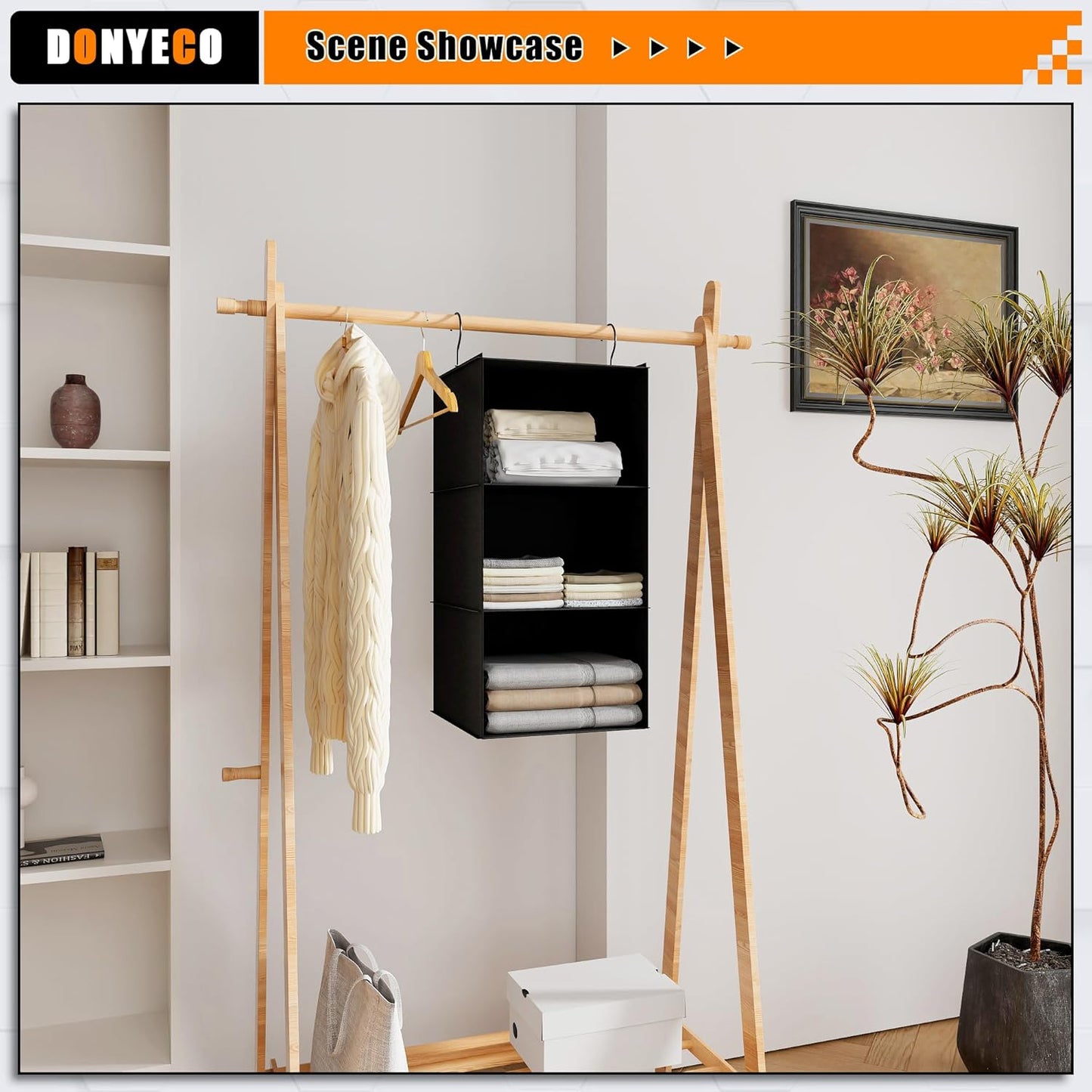 Hanging Closet Organizer - 3-Shelf, Easy Mount Foldable Wardrobe Storage Shelves for Clothes