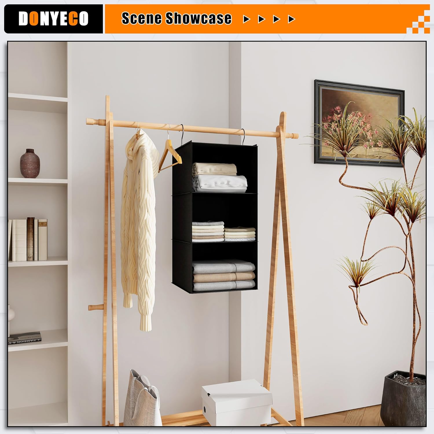 Hanging Closet Organizer - 3-Shelf, Easy Mount Foldable Wardrobe Storage Shelves for Clothes