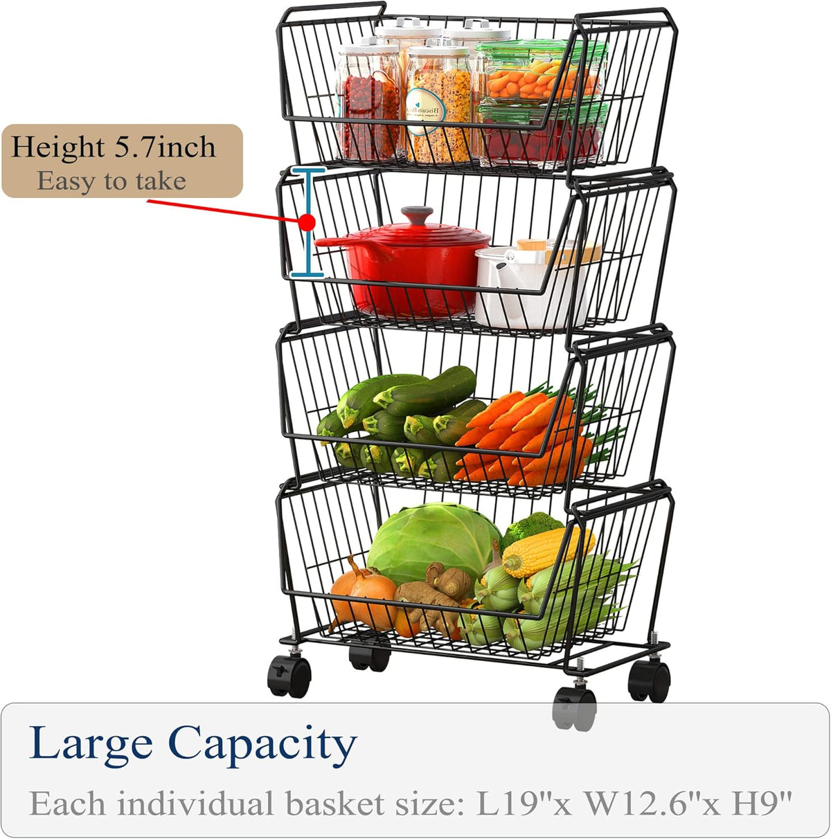 PUSDON 4-Tier Stackable Metal Storage Baskets, Anti-Rust Fruit Vegetable Rack, Dual Use Shelf for