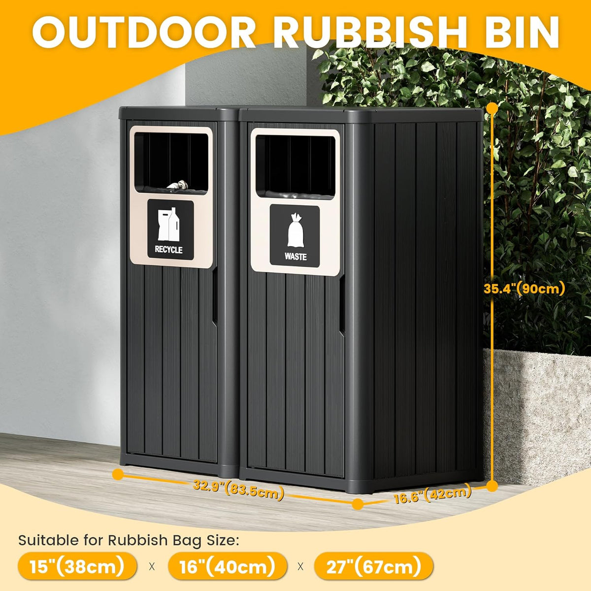2pcs Outdoor Trash Can Waterproof Resin Garbage Can with Garbage Labels Outdoor Trash Bin for