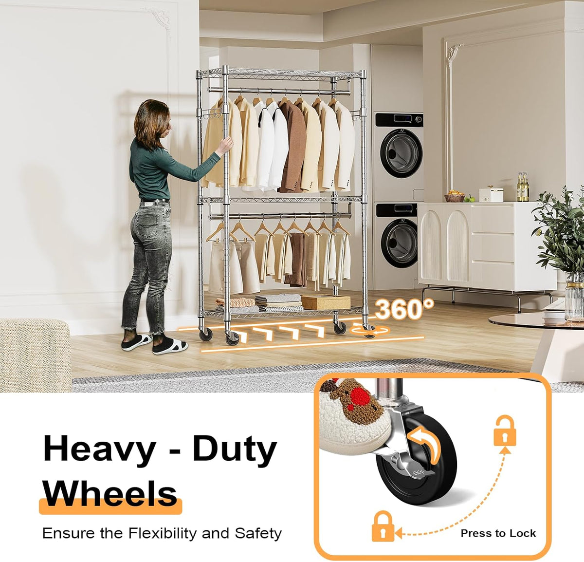 Heavy Duty Rolling Garment Rack 3 Tiers Adjustable Wire Shelving Clothes Rack with 2 Rods and Side
