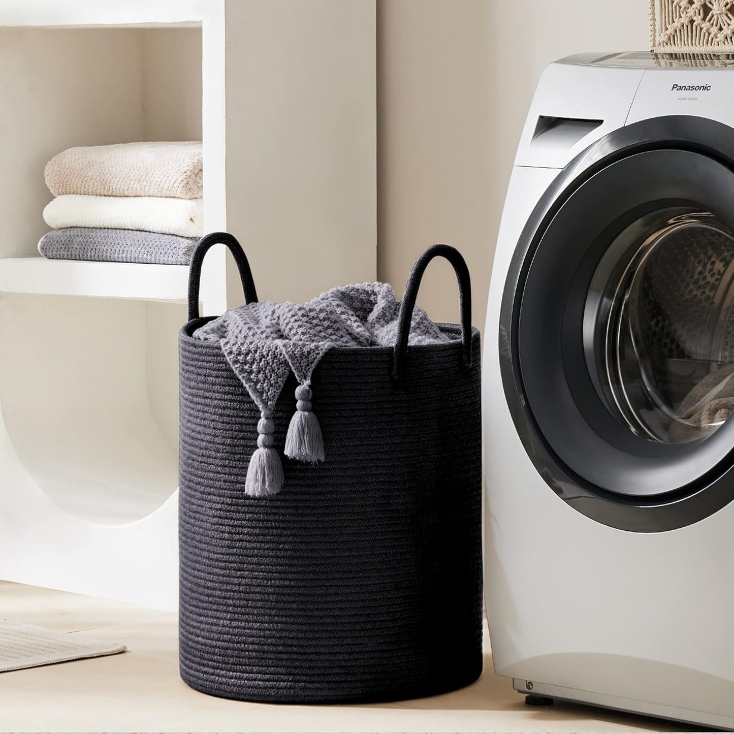 YOUDENOVA Woven Rope Laundry Hamper Basket, 58L Tall Laundry Basket, Baby Nursery Hamper for