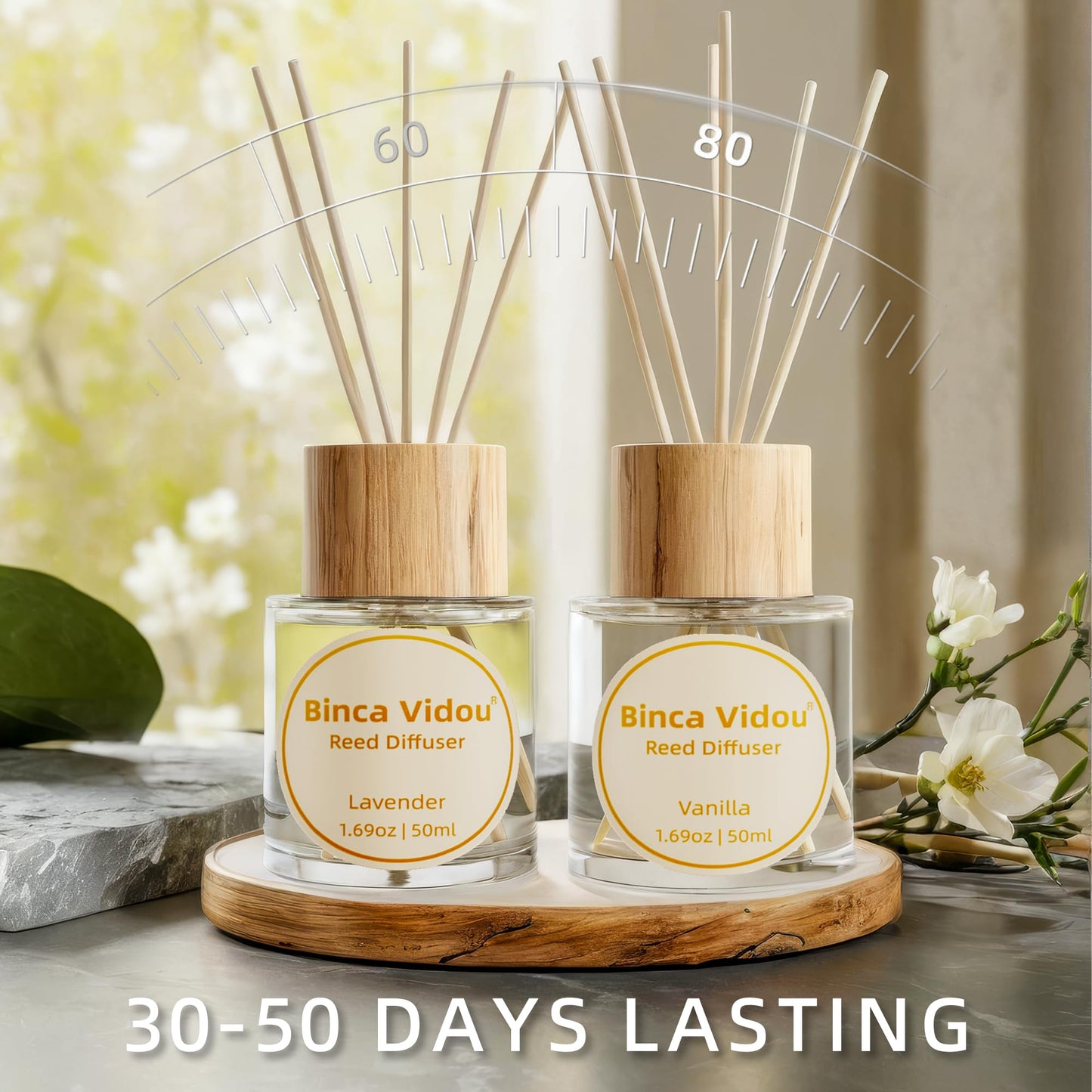 Reed Diffuser Set, Binca Vidou Lavender & Vanilla Natural Scent Oil Diffusers with Sticks for Home