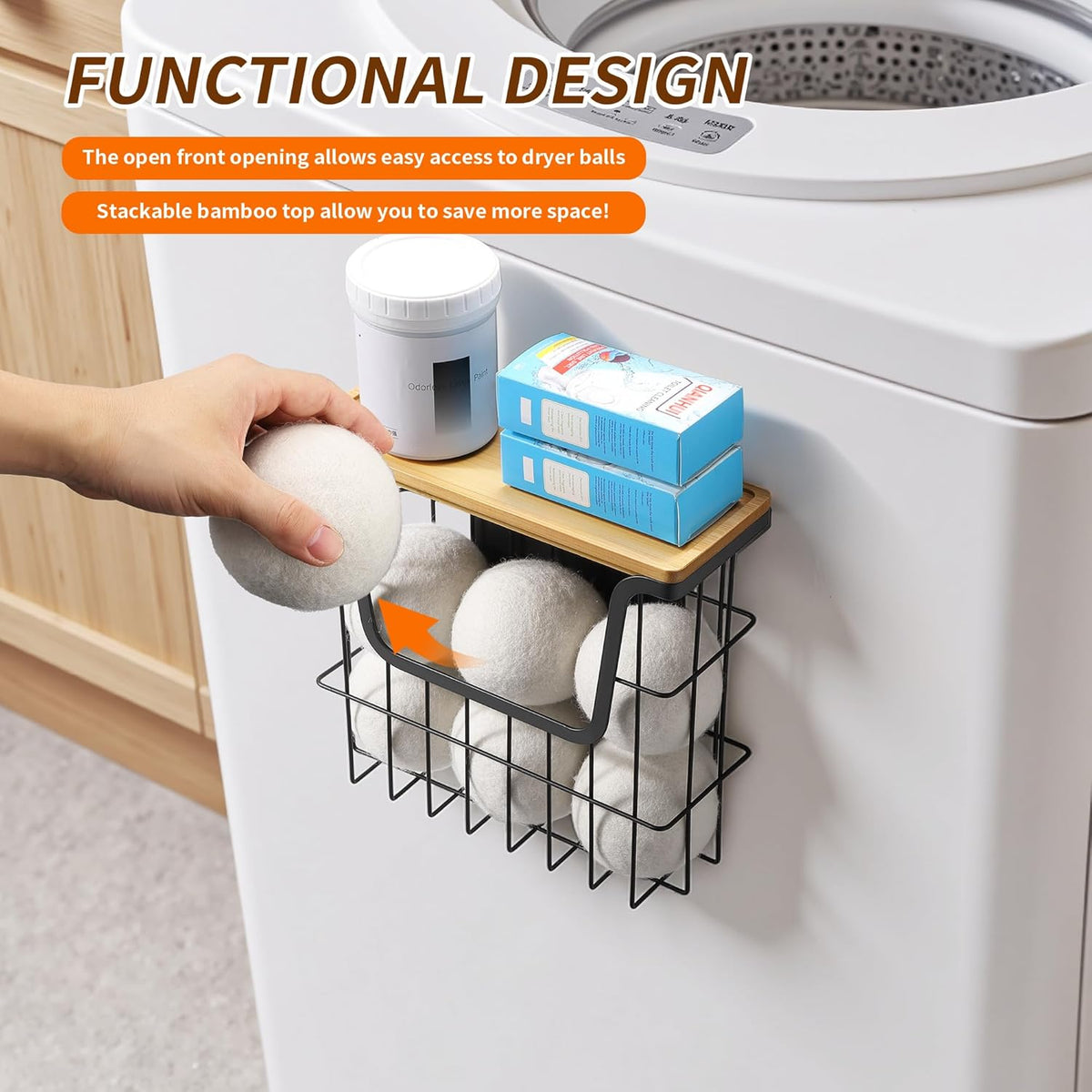 Magnetic Dryer Ball Holder - Black Basket for Laundry Room Organization and Storage with Bamboo Top