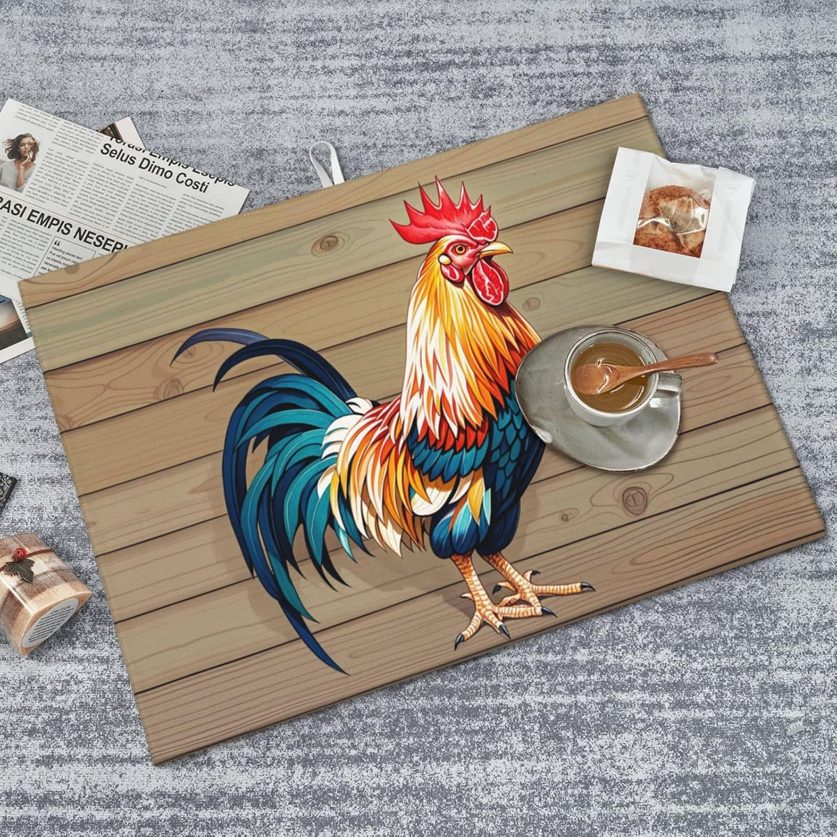 Rooster Dish Drying Mat Highly Absorbent Double-Sided Microfiber with Hanging Loop Reversible Drain