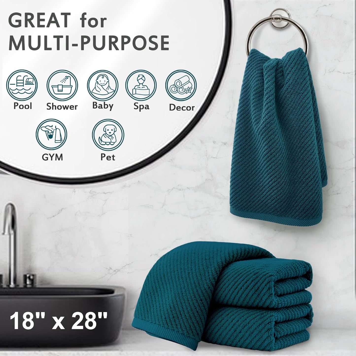 VOOVA & MOVAS Bathroom Hand Towels - 4PC Large 18" x 28", 100% Cotton | Lightweight | Thick | Quick