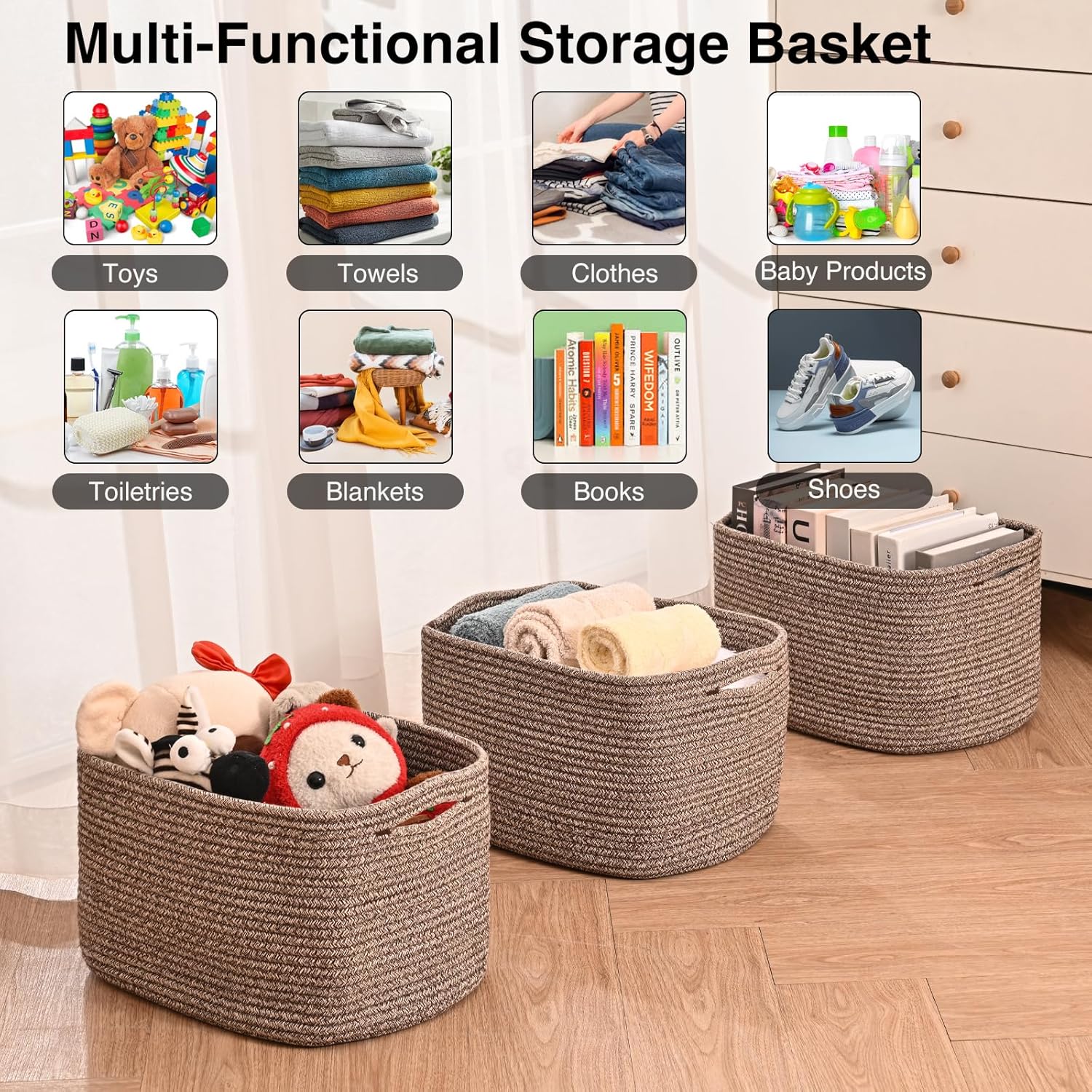 Storage Baskets for Organizing Shelves, Woven Cotton Rope Bins for Baby Nursery Organization, Book