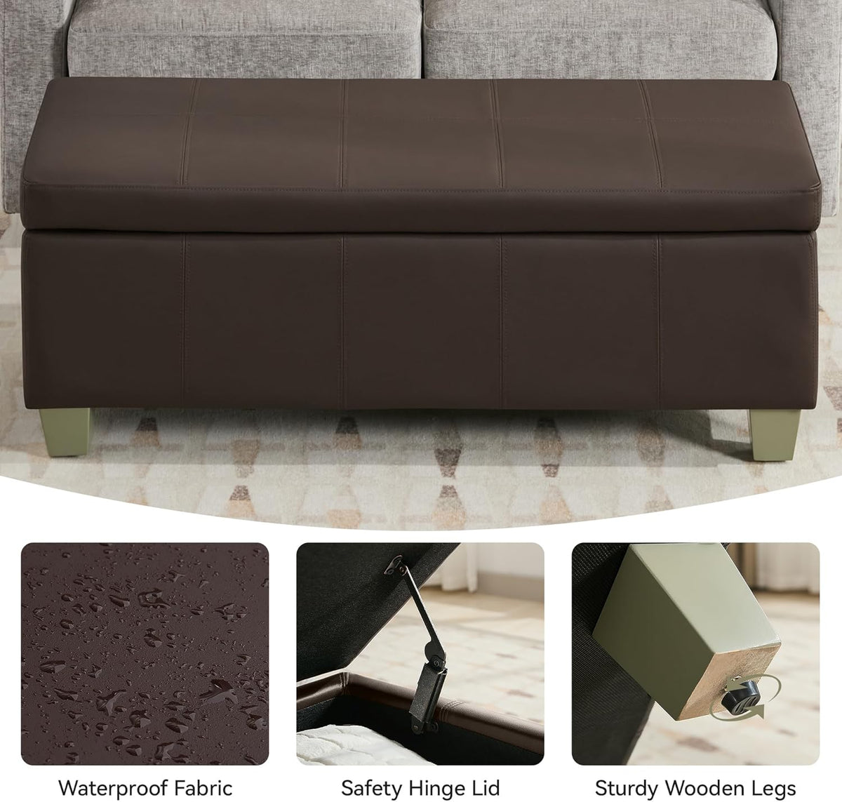51" Faux Leather Storage Ottoman, Stitch Tufted Rectangle Upholstered End of Bed Storage Bench