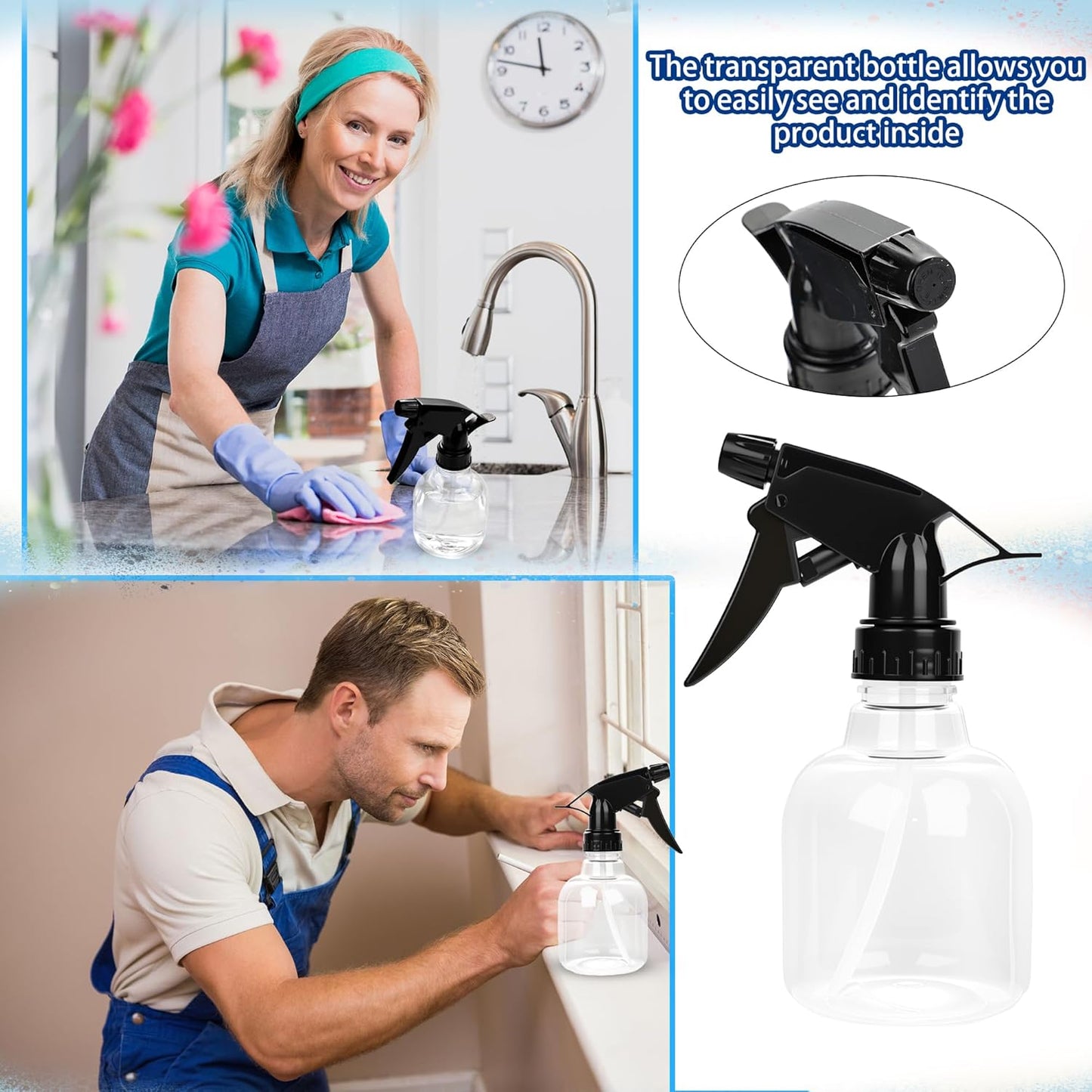 20 Pcs Empty Plastic Spray Bottle 8 OZ Reusable Clear Liquid Container with Trigger Sprayers for