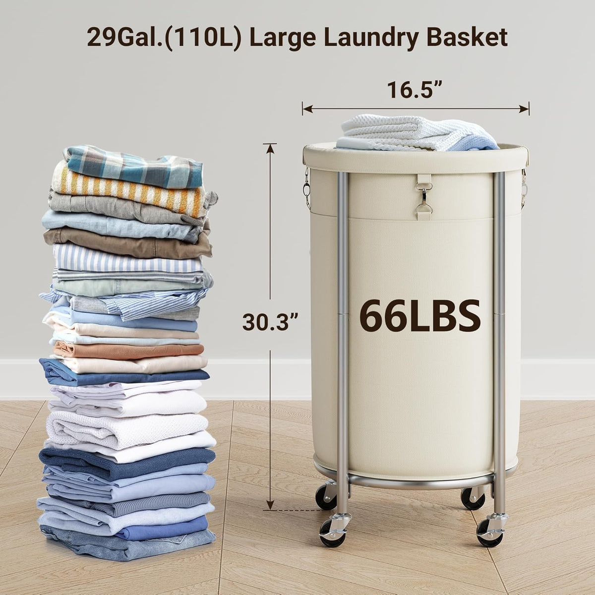 ELYKEN Laundry Hamper with Wheels, 110L Rolling Laundry Basket, Round Laundry Cart with Steel Frame