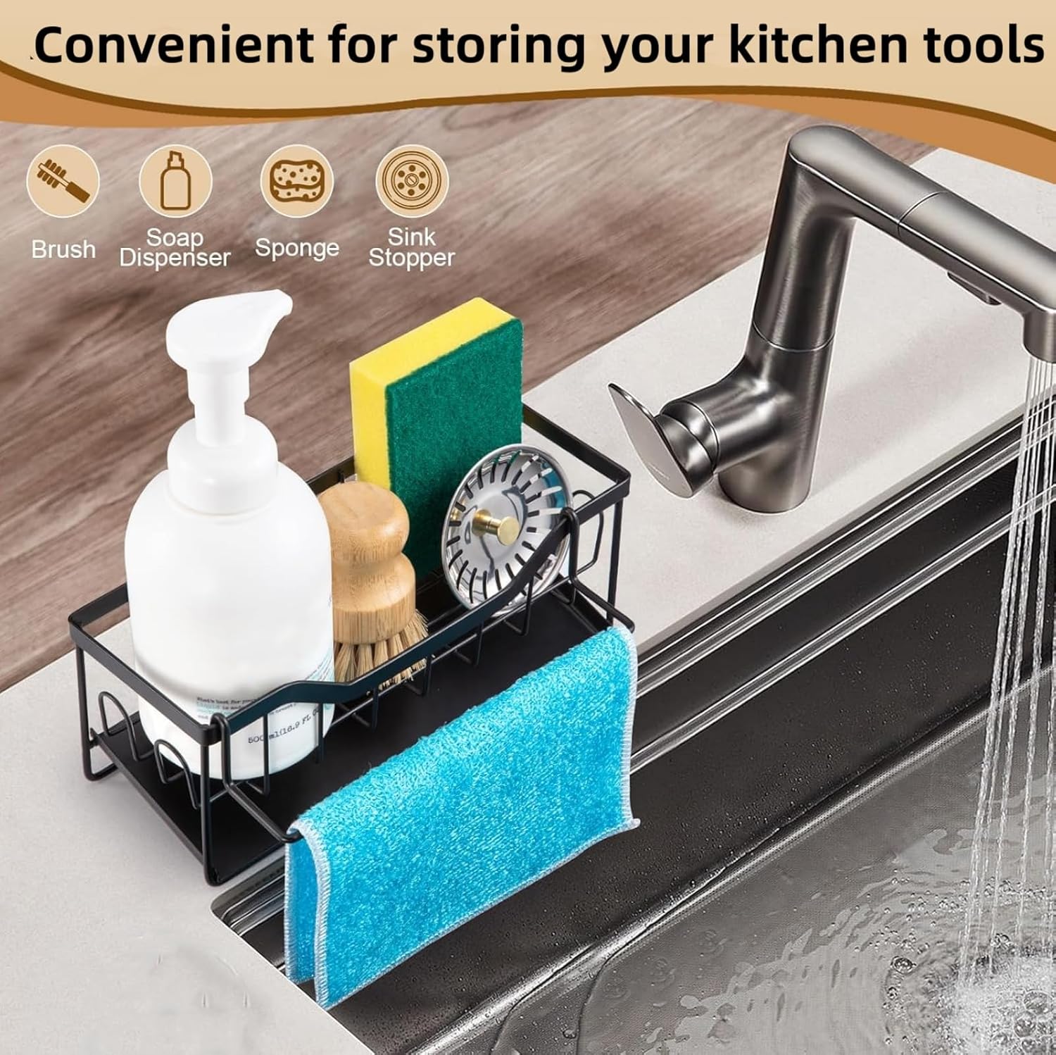 Sponge Holder for Kitchen Sink - Sink Caddy Organizer with Auto Drain Tray, Detachable Towel Rack
