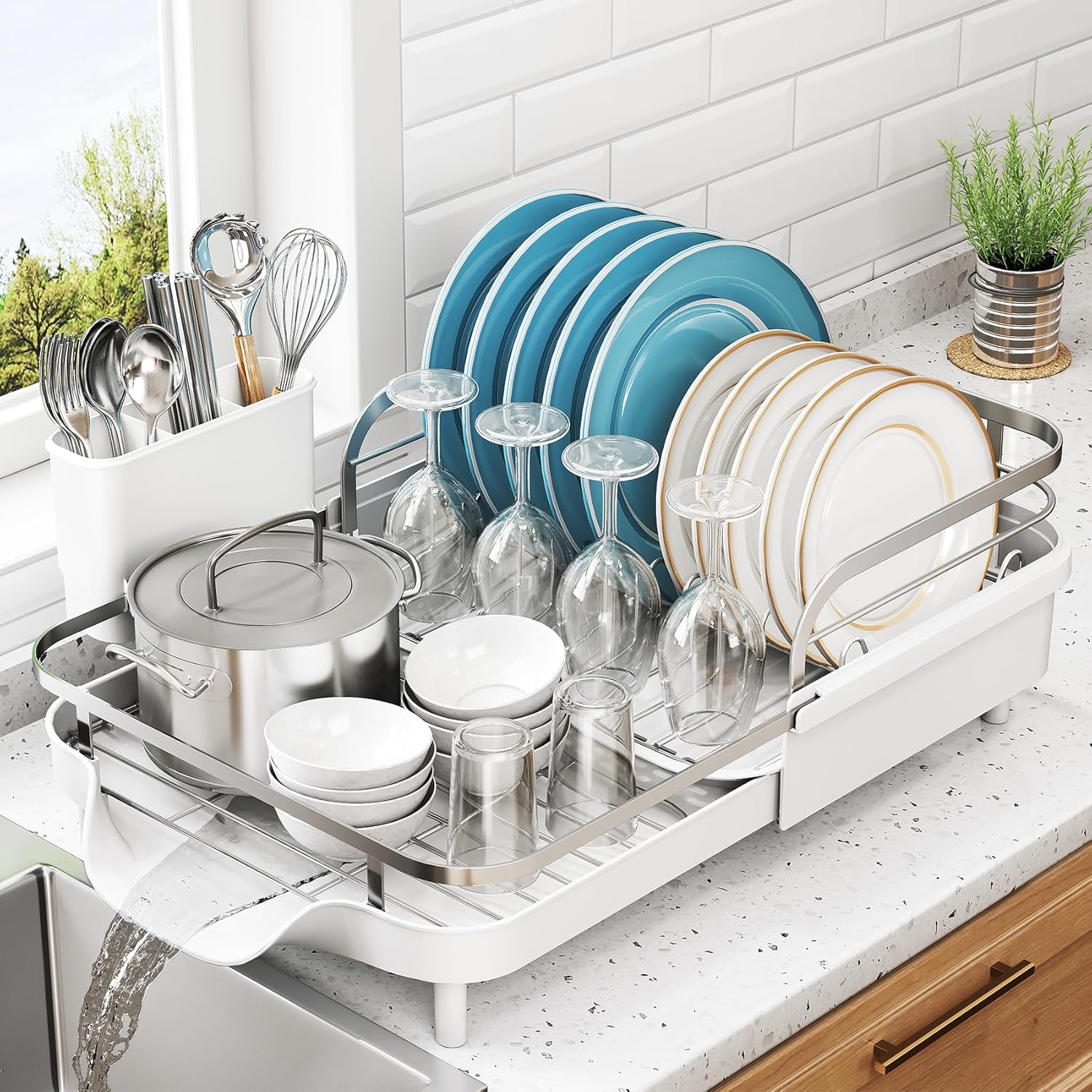 Dish Drying Rack, Expandable Dish Rack for Kitchen Counter, Stainless Steel Dish Drainer with