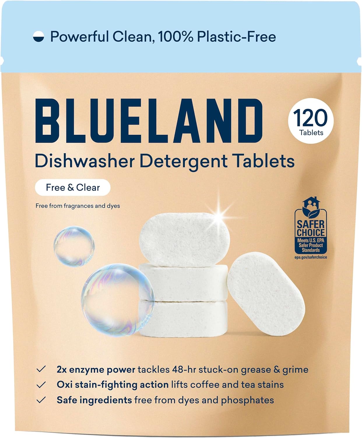 BLUELAND 100% Plastic-Free Dishwasher Detergent Tablets, 120 Count, Free & Clear, Eco-Friendly