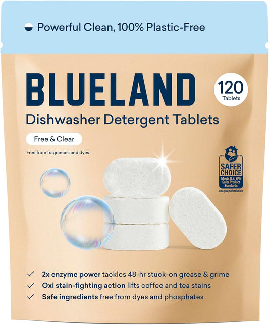 BLUELAND 100% Plastic-Free Dishwasher Detergent Tablets, 120 Count, Free & Clear, Eco-Friendly