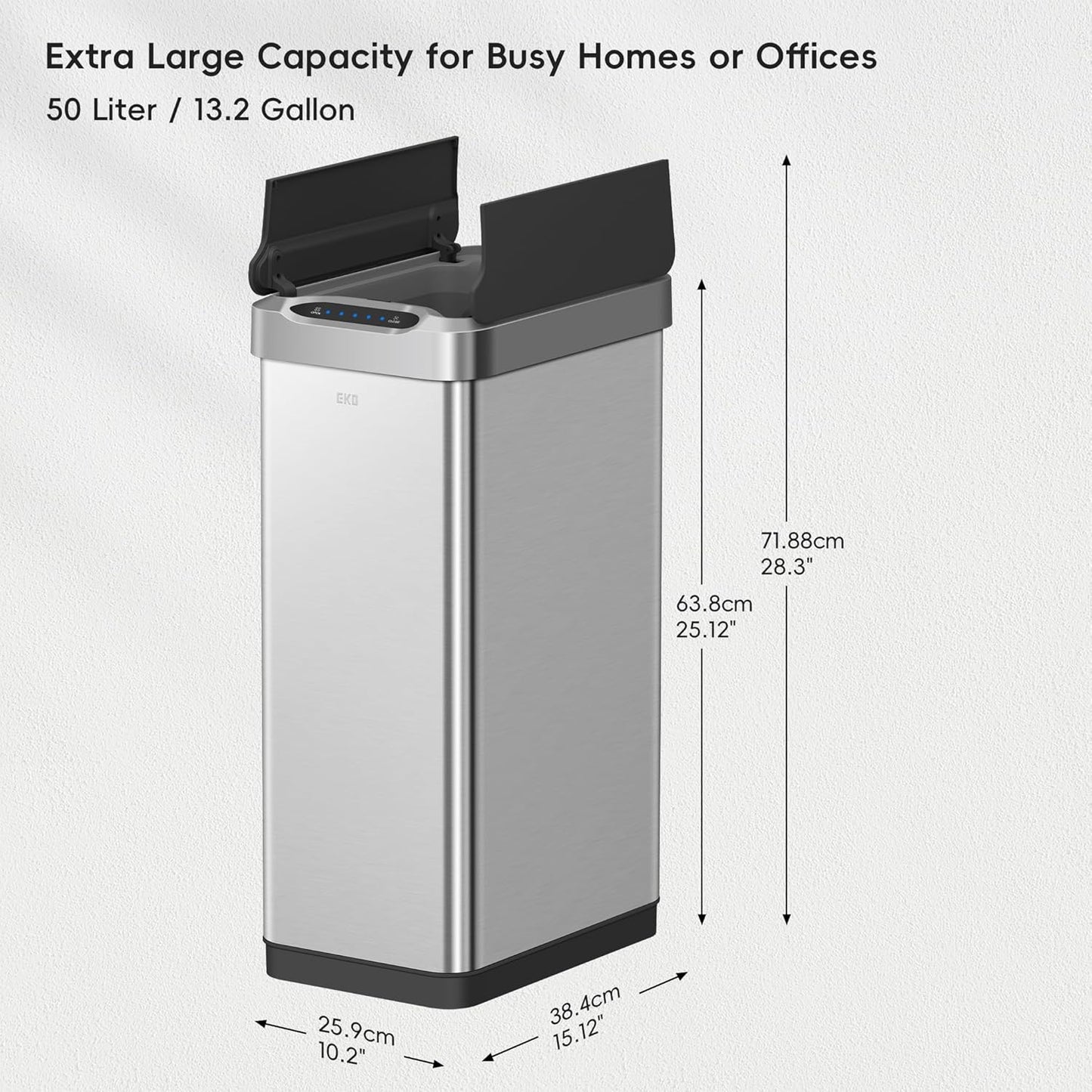 EKO Phantom-T 50 Liter / 13.2 Gallon Vertical Motion Sensor Trash Can, Brushed Stainless Steel