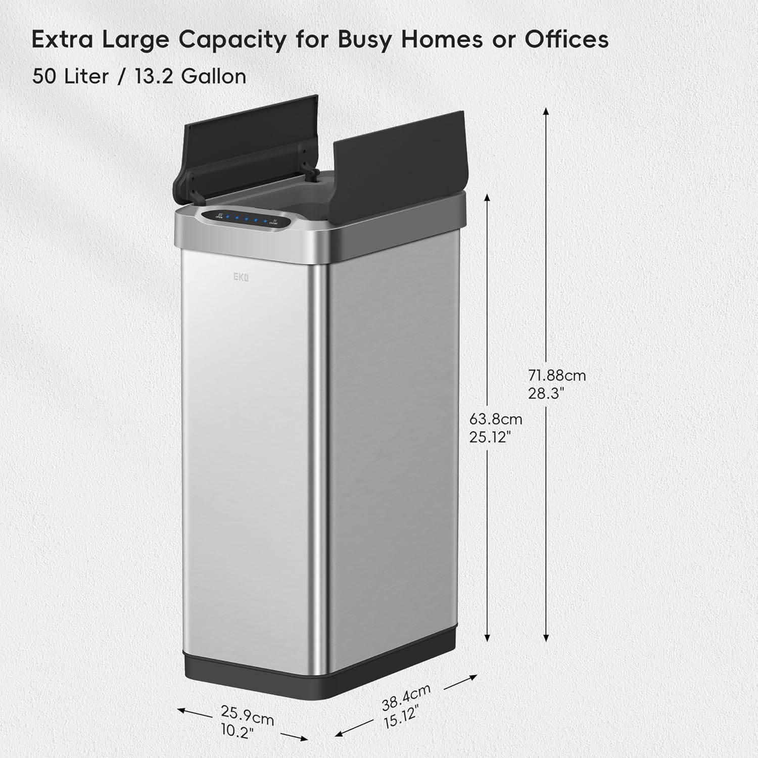 EKO Phantom-T 50 Liter / 13.2 Gallon Vertical Motion Sensor Trash Can, Brushed Stainless Steel