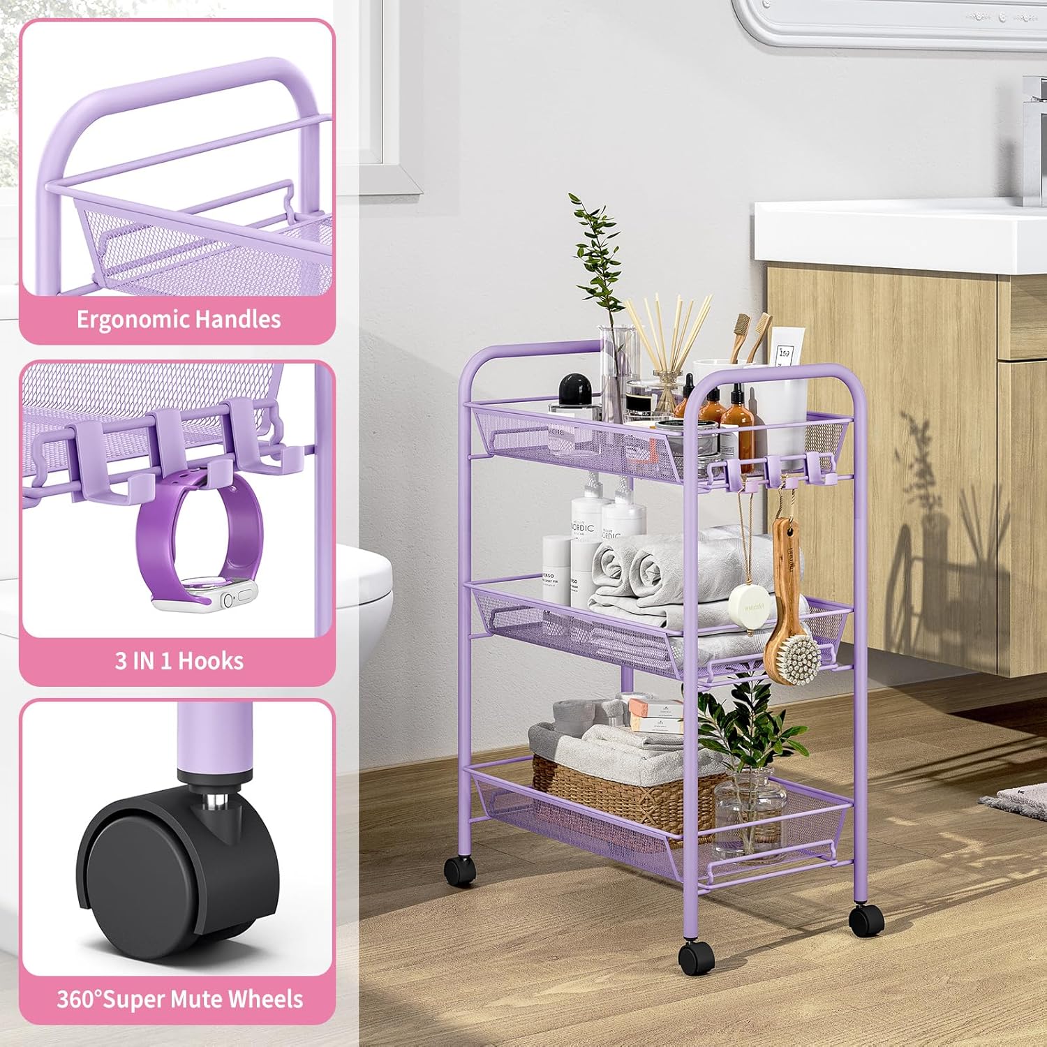 TOOLF 3-Tier Metal Rolling Cart, Mesh Wire Easy Assemble Utility Cart, Storage Trolley on Wheels
