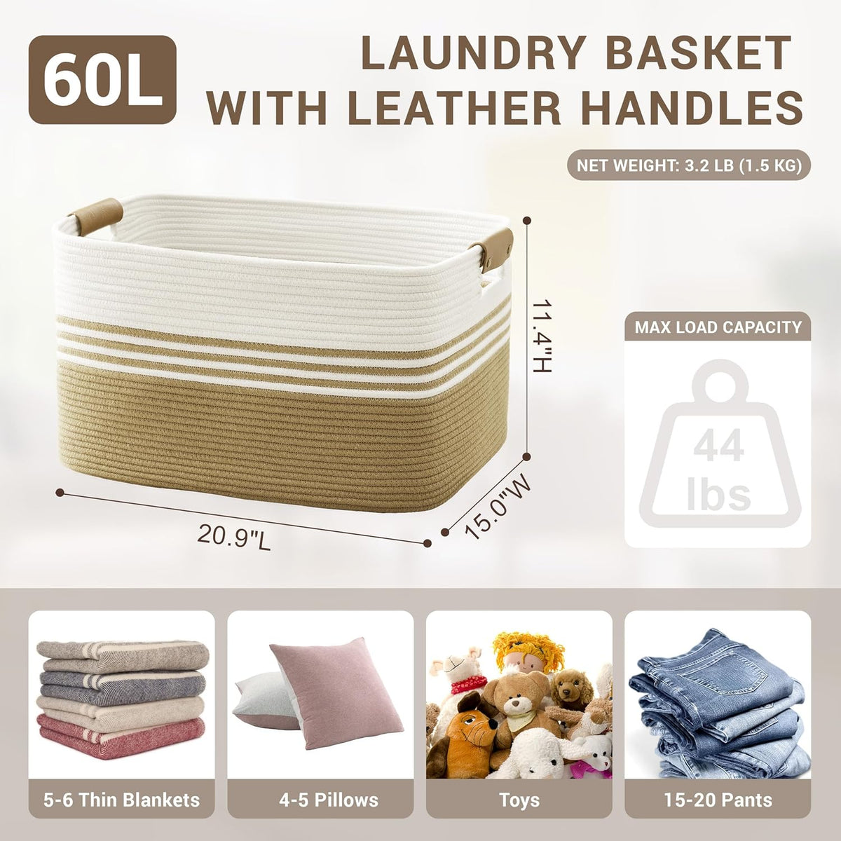 60L Large Laundry Basket with Leather Handles for Living Room Storage, Woven Rope BasketsBin for