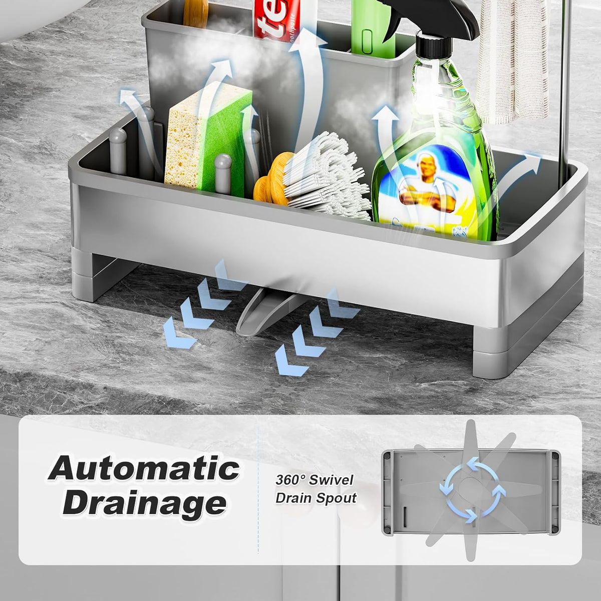 Stainless Steel Sink Caddy, Sponge Holder for Kitchen Sink with Brush Holder & Dishcloth Rack