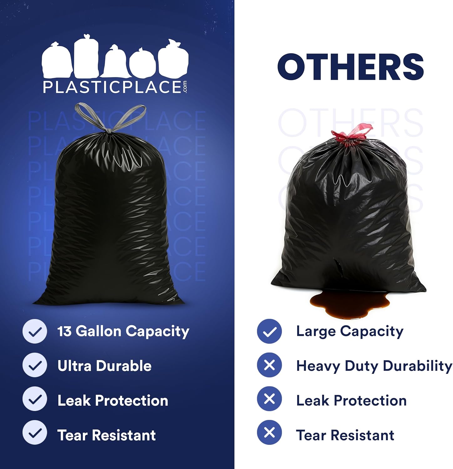 Plasticplace W13DSBKJR 13 Gallon Trash Bags │ 1.2 Mil │ (50 Count) Black Extra Tall Garbage Can
