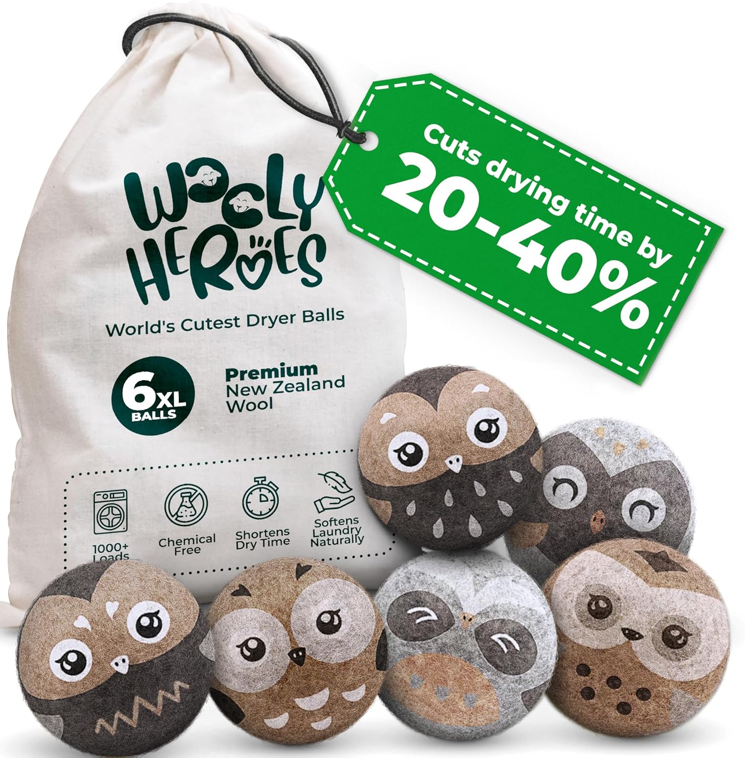 No More Dryer Sheets! Reusable Wool Dryer Balls XL 6-Pack - Reduces Static, Cuts Dry Time, &