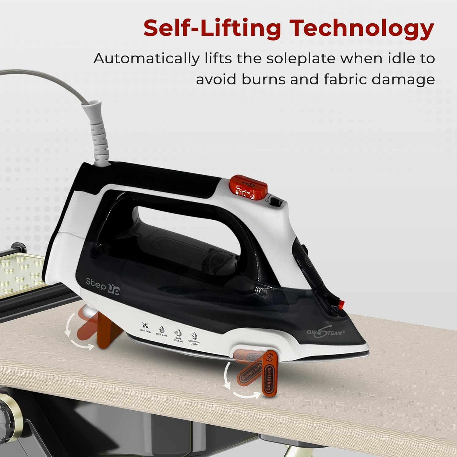Eurosteam Step Up Iron - Self-Lifting Smart Iron with Ceramic Soleplate - Auto-Lift Safety & Smart