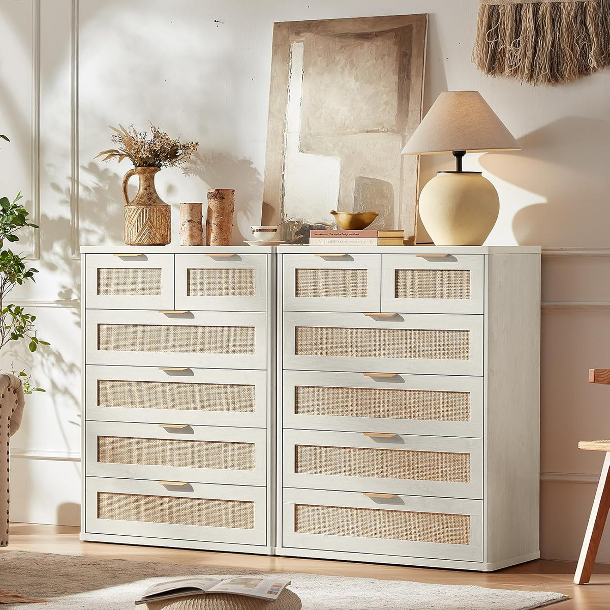 LEYAOYAO White Dresser for Bedroom, 42" Tall Chest of Drawers, Modern 6 Drawers Boho Rattan