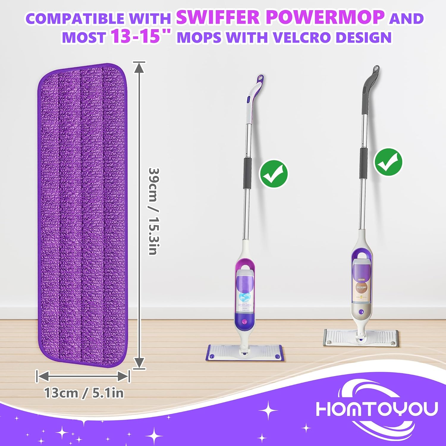 HOMTOYOU Reusable Pads Refills for Swiffer Power Mop: 6 Pack Microfiber Pad for Multi-Surface Floor