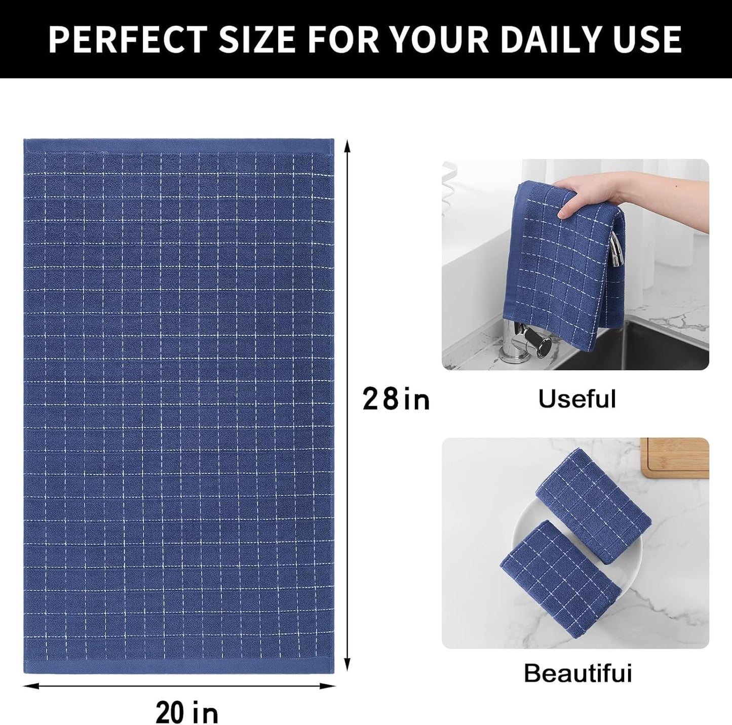 Homaxy 100% Cotton Terry Kitchen Towels(Navy Blue, 20 x 28 inches), Checkered Designed, Soft and