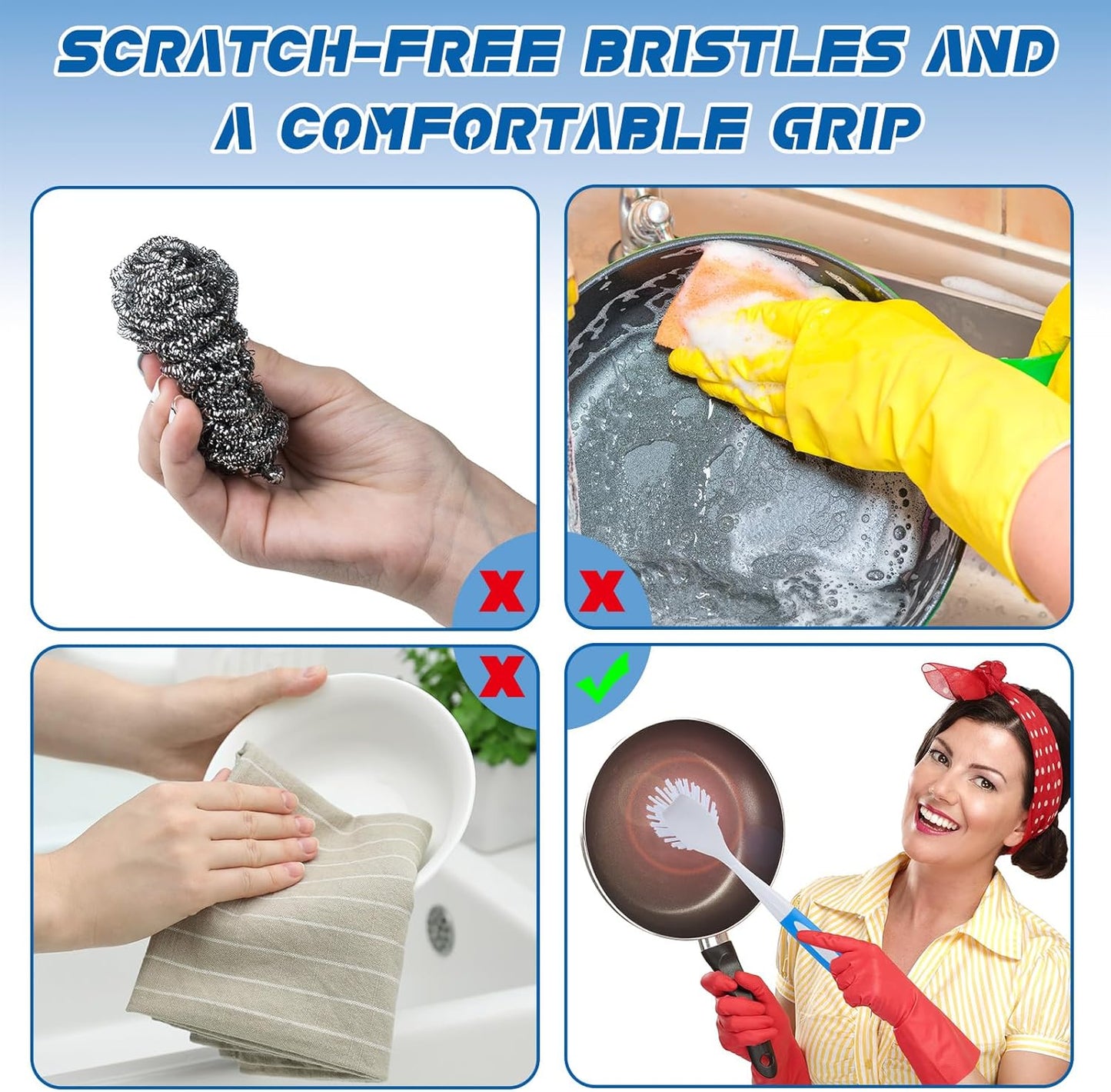 Hsei 10 Pcs Blue Kitchen Scrub Dish Brush Bulk with 11 Inch Anti Slip Handle Cleaning Dish Scrubber