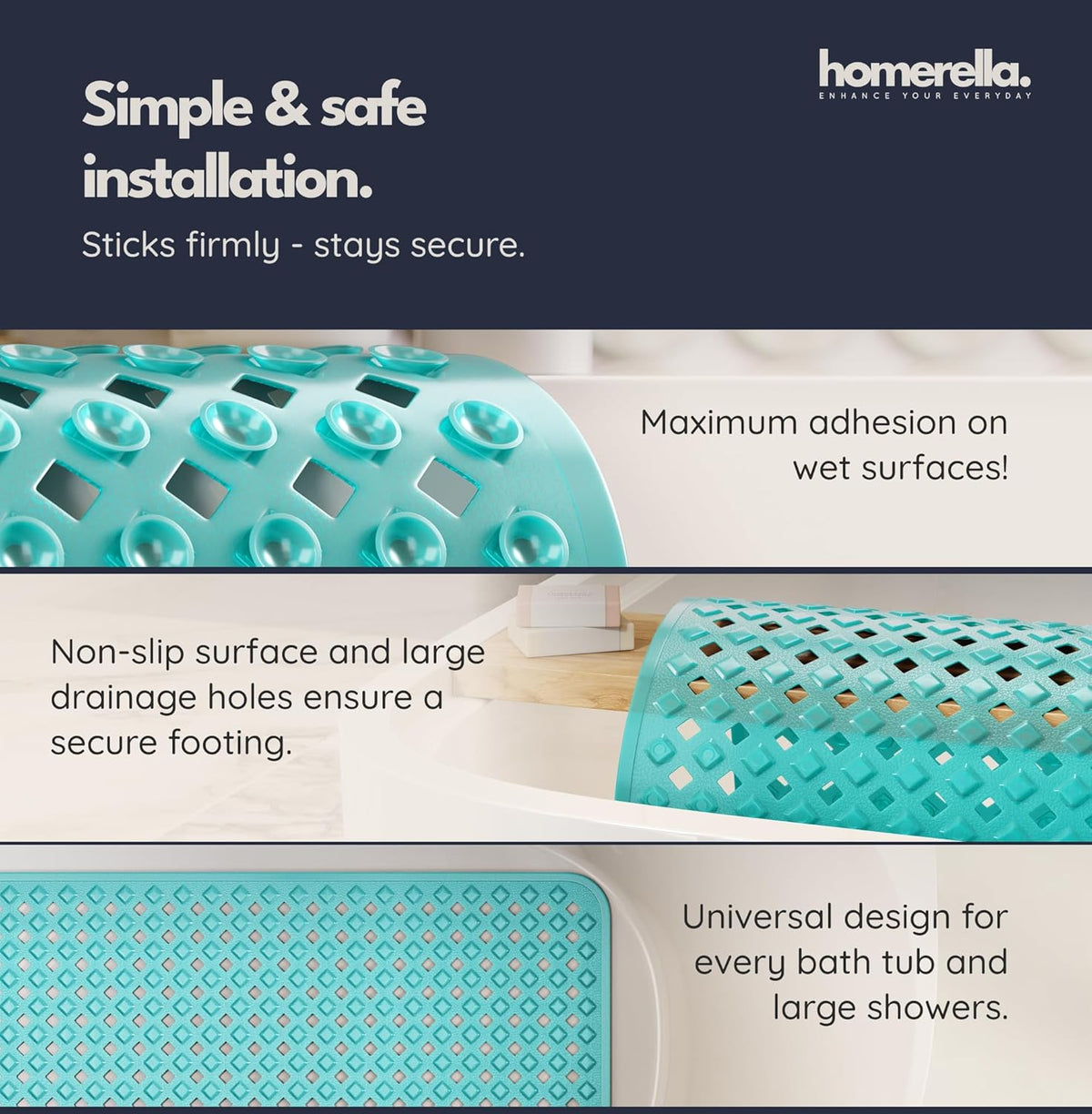 homerella® Bathtub Mat Non Slip 35x16, Incl. Hooks for Drying, Extra Long, 100% BPA Free, Shower