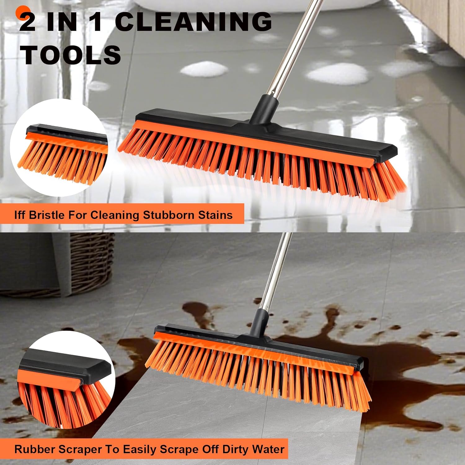 18" Push Broom Outdoor with Rubber Squeegee,Heavy Duty Broom Brush with Handle,Stiff Bristles for