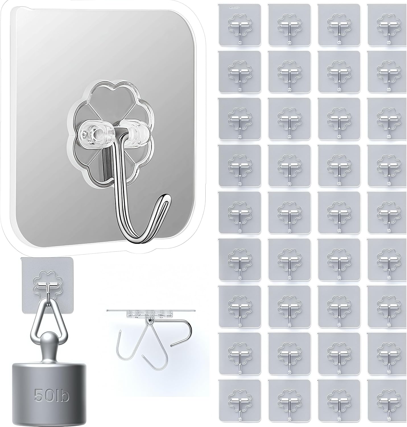 DDMY 36 Pack Heavy Duty Hooks 50lb(Max) Self Adhesive Large Hooks for Hanging,Wall Transparent