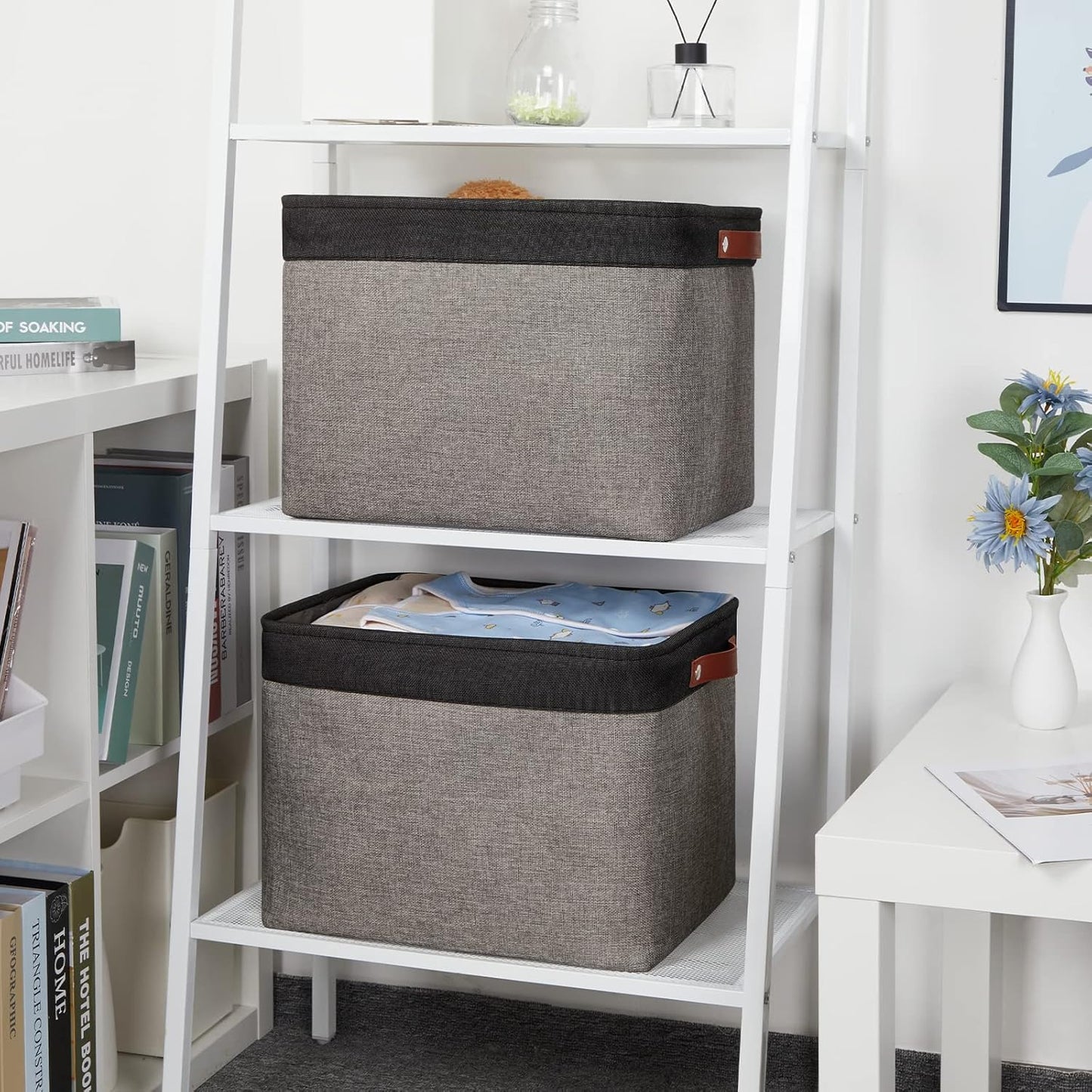 DULLEMELO Storage Bins 16"x12"x12" With Leather Handles for Organizing,Decorative Collapsible