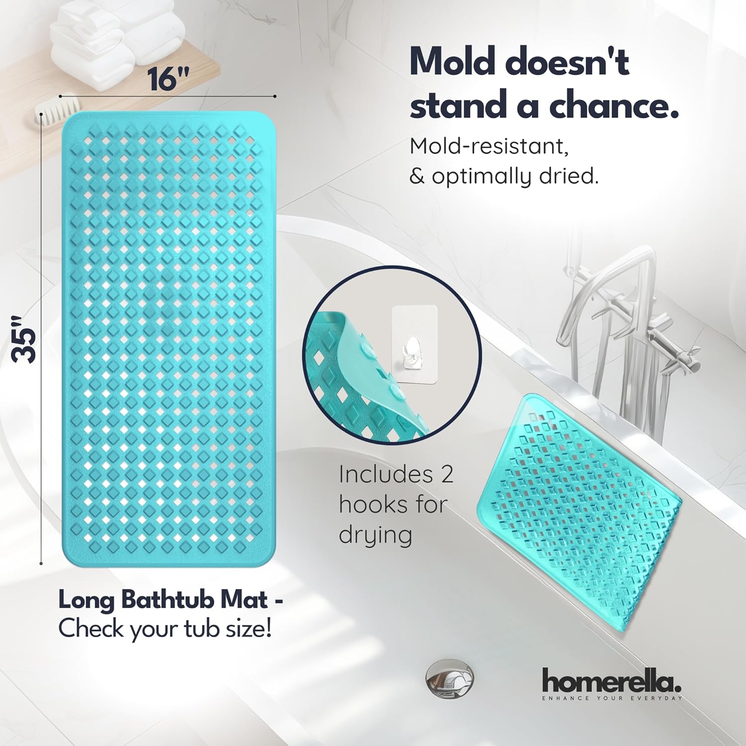 homerella® Bathtub Mat Non Slip 35x16, Incl. Hooks for Drying, Extra Long, 100% BPA Free, Shower