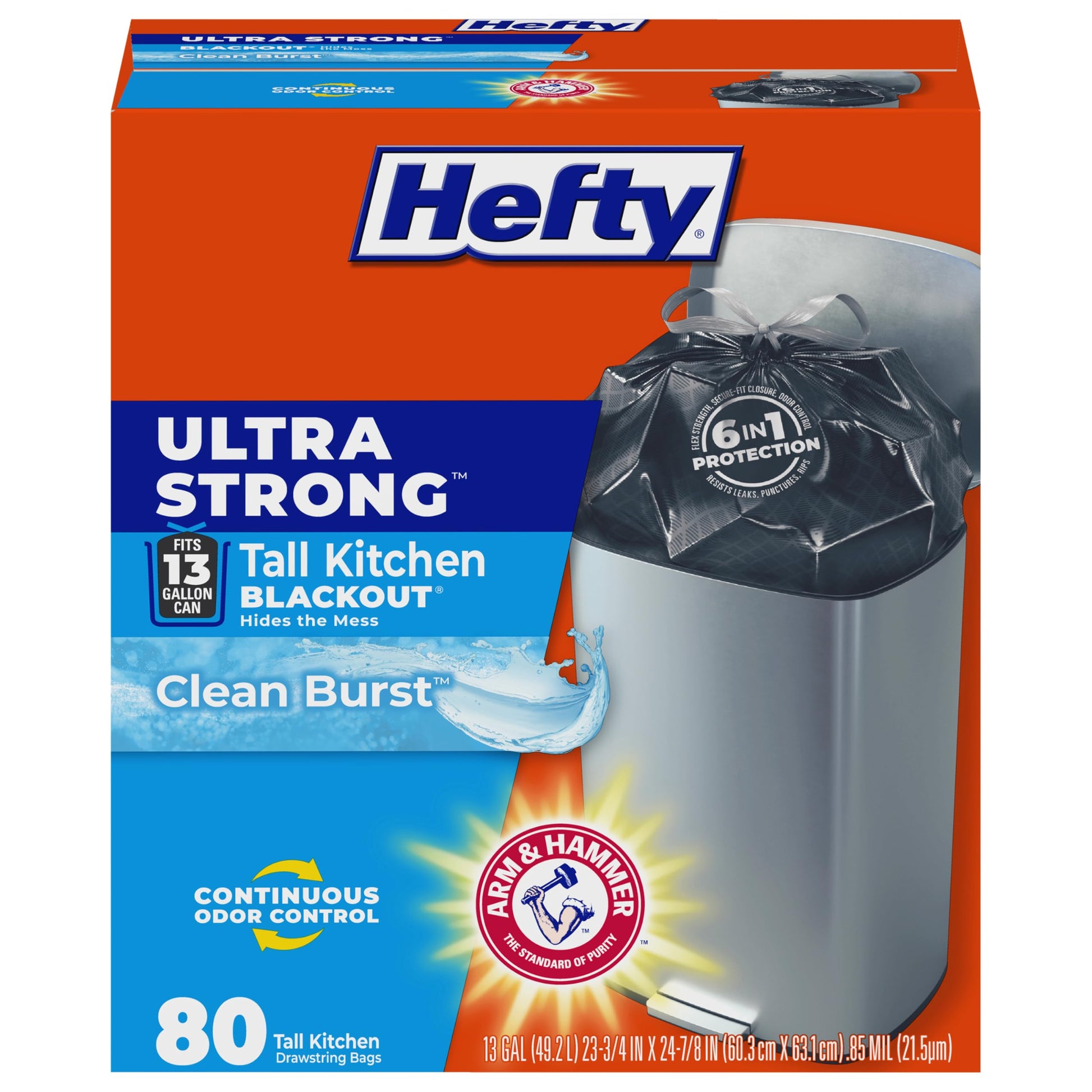 Hefty Ultra Strong 13 Gal Kitchen Trash Bags, Black, Clean Burst, 80ct