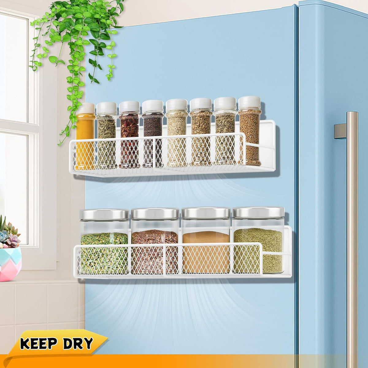 2 Pack Magnetic Spice Rack for Refrigerator, White Magnetic Shelf with 4 Removable Hooks, Rustproof