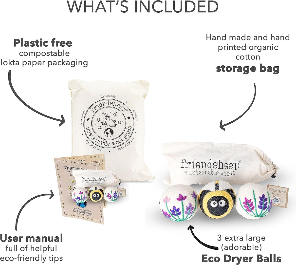 Friendsheep Wool Dryer Balls, Organic Reusable Fabric Softener Alternative for Laundry, Handmade