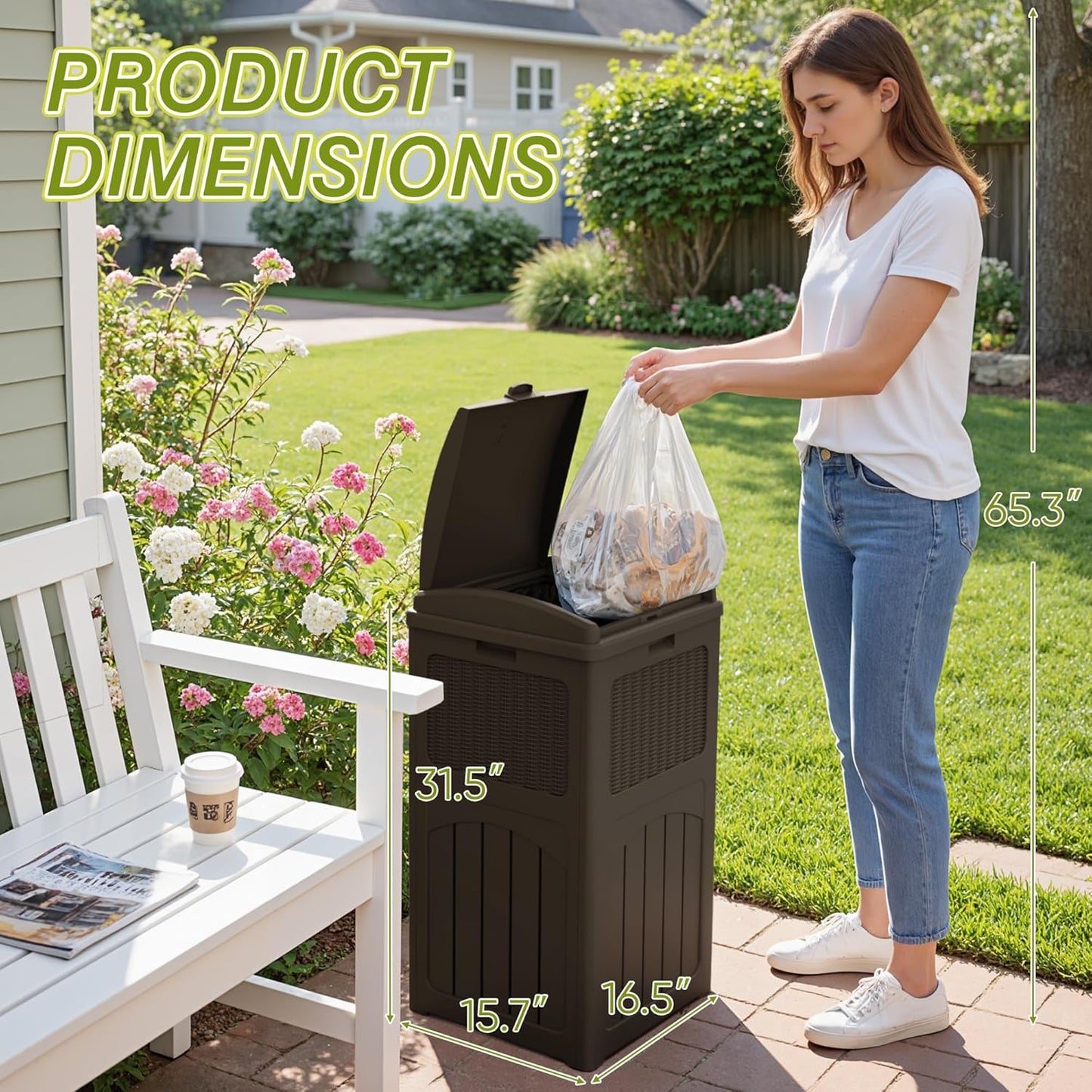 Greesum 33 Gallon Outdoor Trash Can with Lid, Waterproof Resin Garbage Bin for Hideaway, Deck