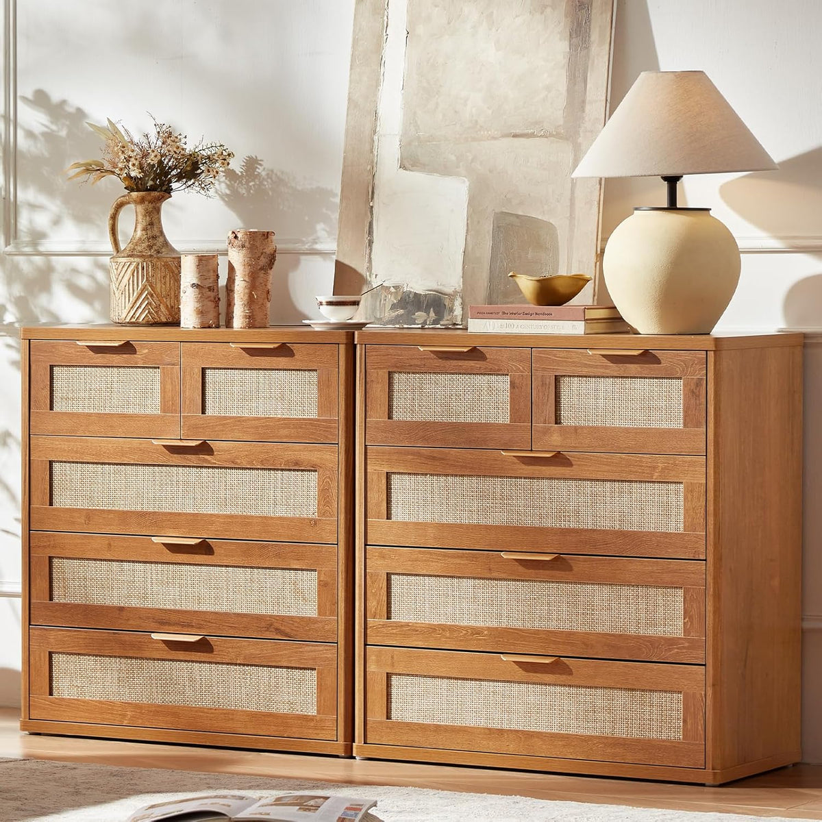 LEYAOYAO Rattan Dresser for Bedroom Set of 2, 33.5" Tall Chest of Drawers, Modern 5 Drawers Boho